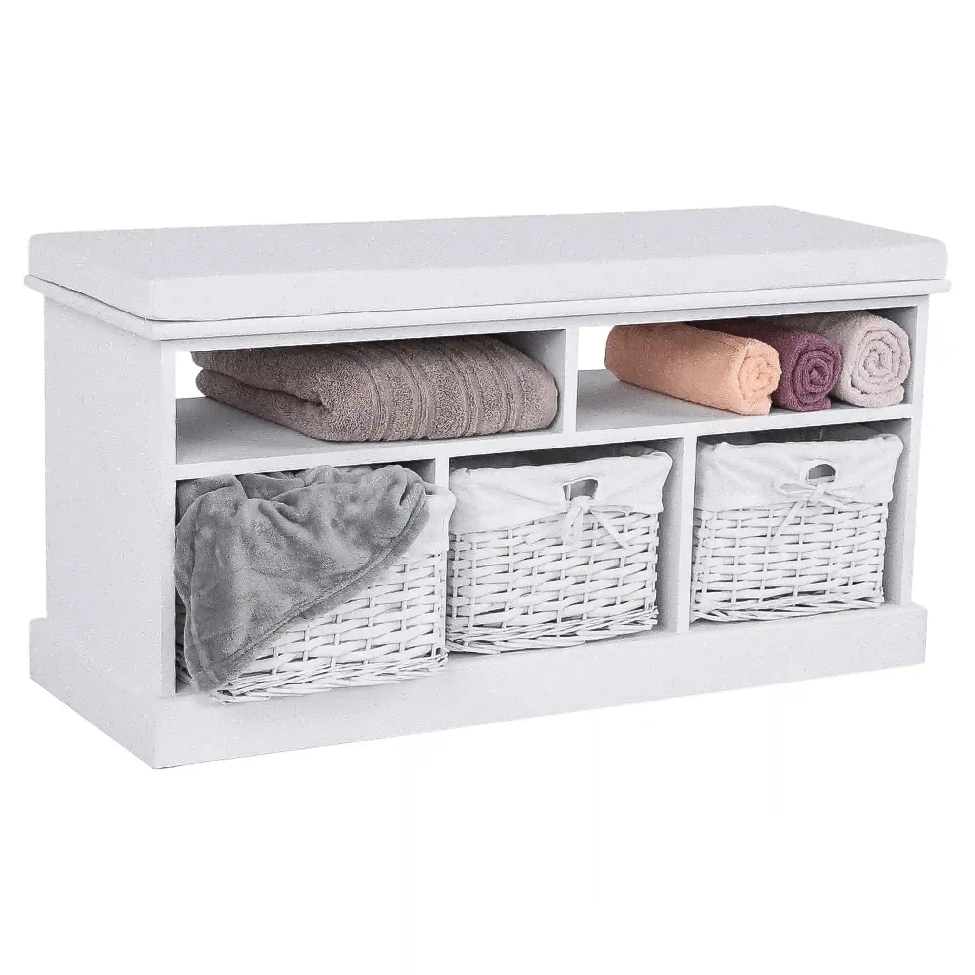 Bancheta RAFAELLO, alb, lemn, cu 3 coşuri, 95x35x49 cm