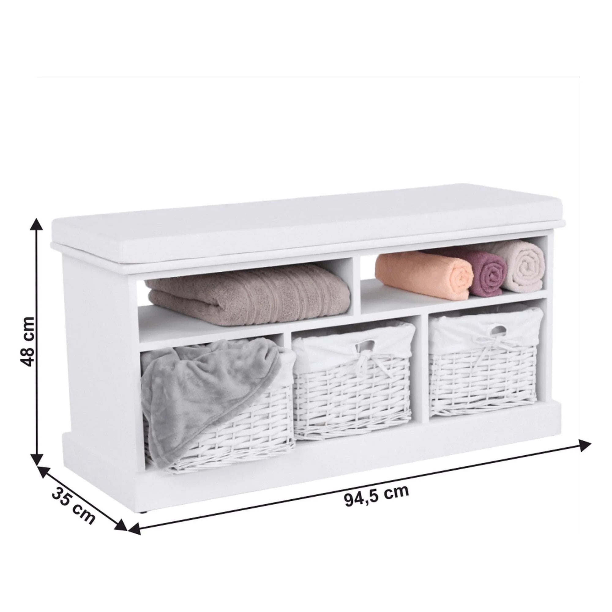 Bancheta RAFAELLO, alb, lemn, cu 3 coşuri, 95x35x49 cm