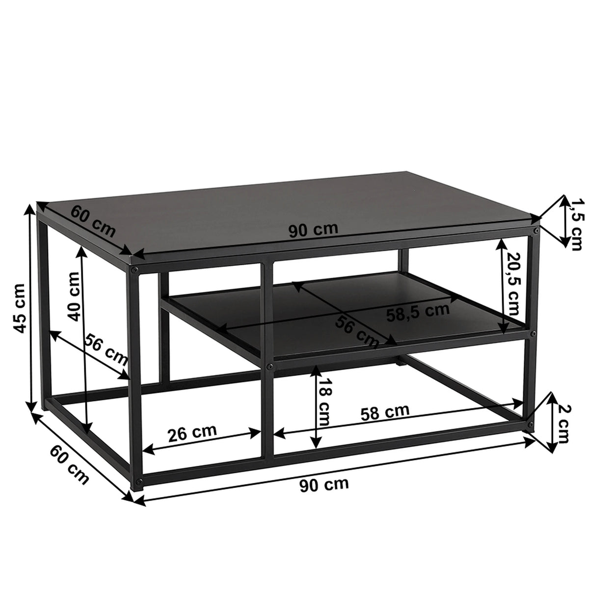 Masuta cafea BARMIO, gri grafit/negru, 90x60x45 cm