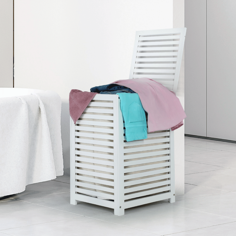 Cos de rufe BASKET, alb, bambus/material textil, 40x40x58 cm