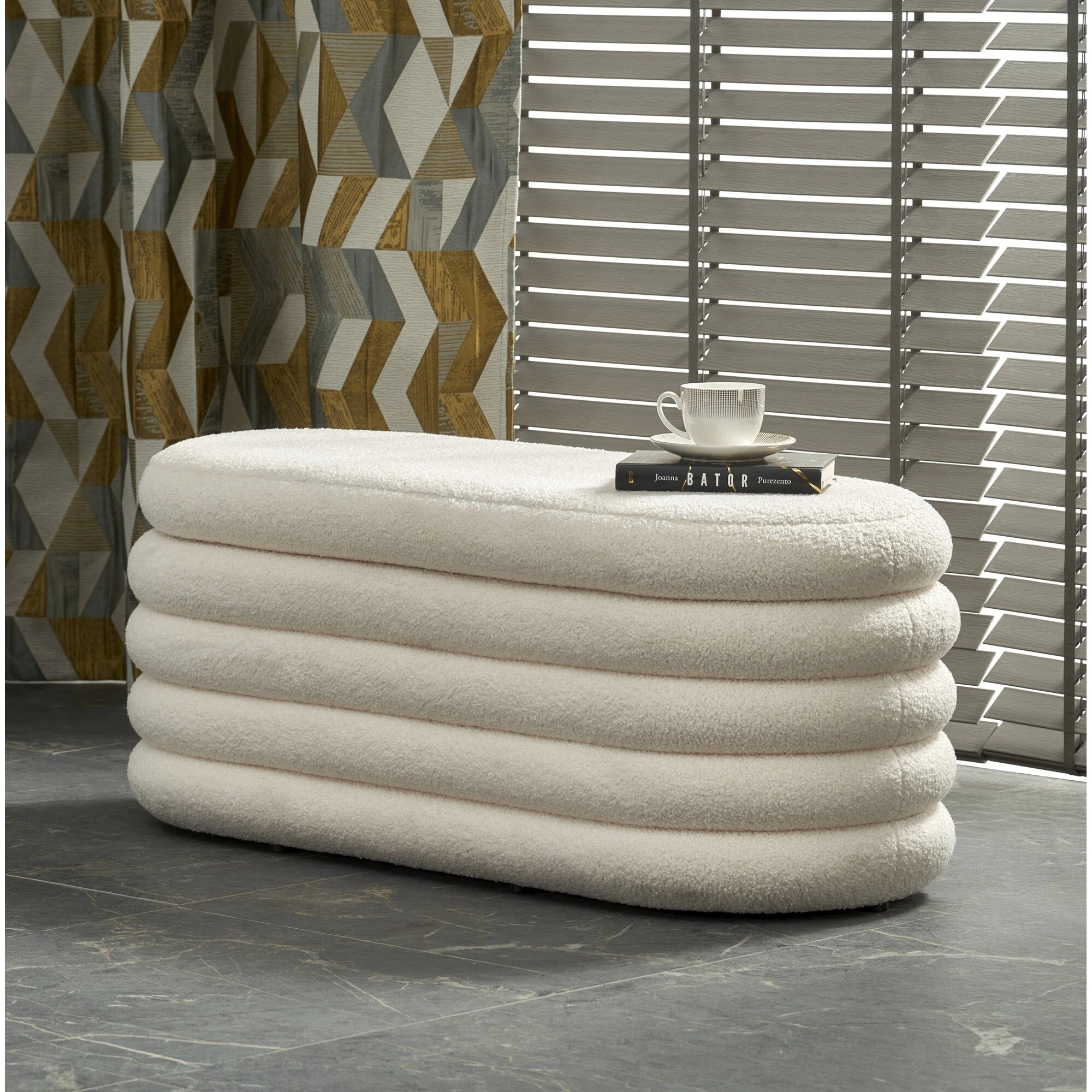 Bancheta tapitata hol BLISS, stofa buclata crem, 105x42x42 cm
