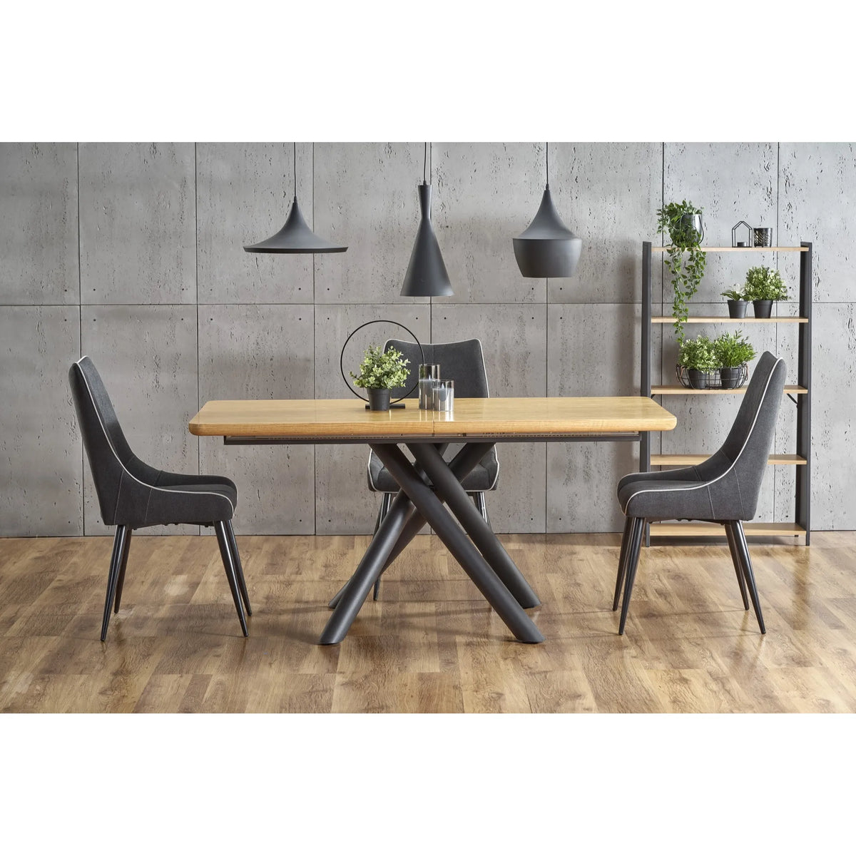 Masa mare living DERRICK, stejar natural/negru, 160/200x90x75 cm