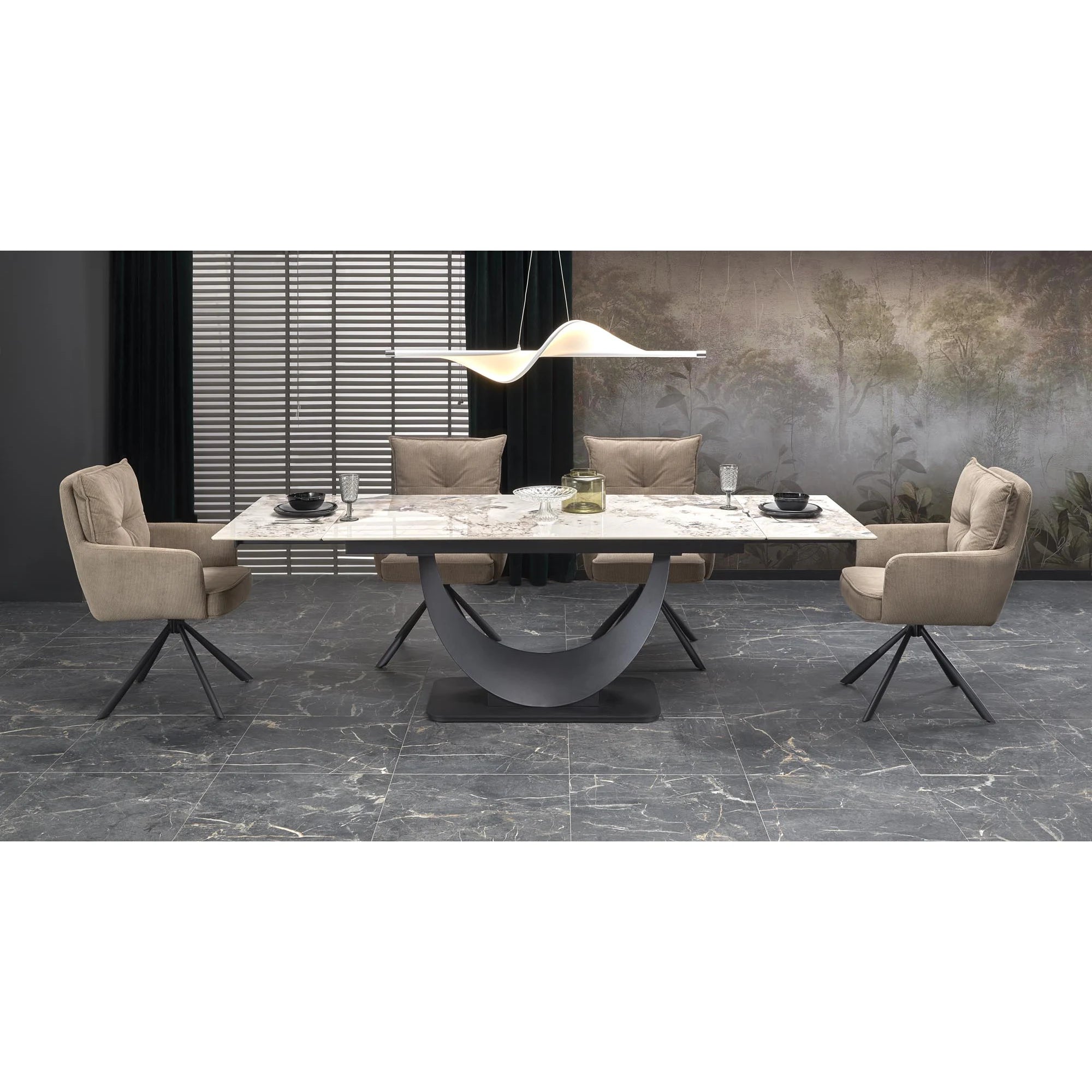 Masa living lux FERNANDO, alb/negru, ceramica/metal, 160/240x92x75 cm