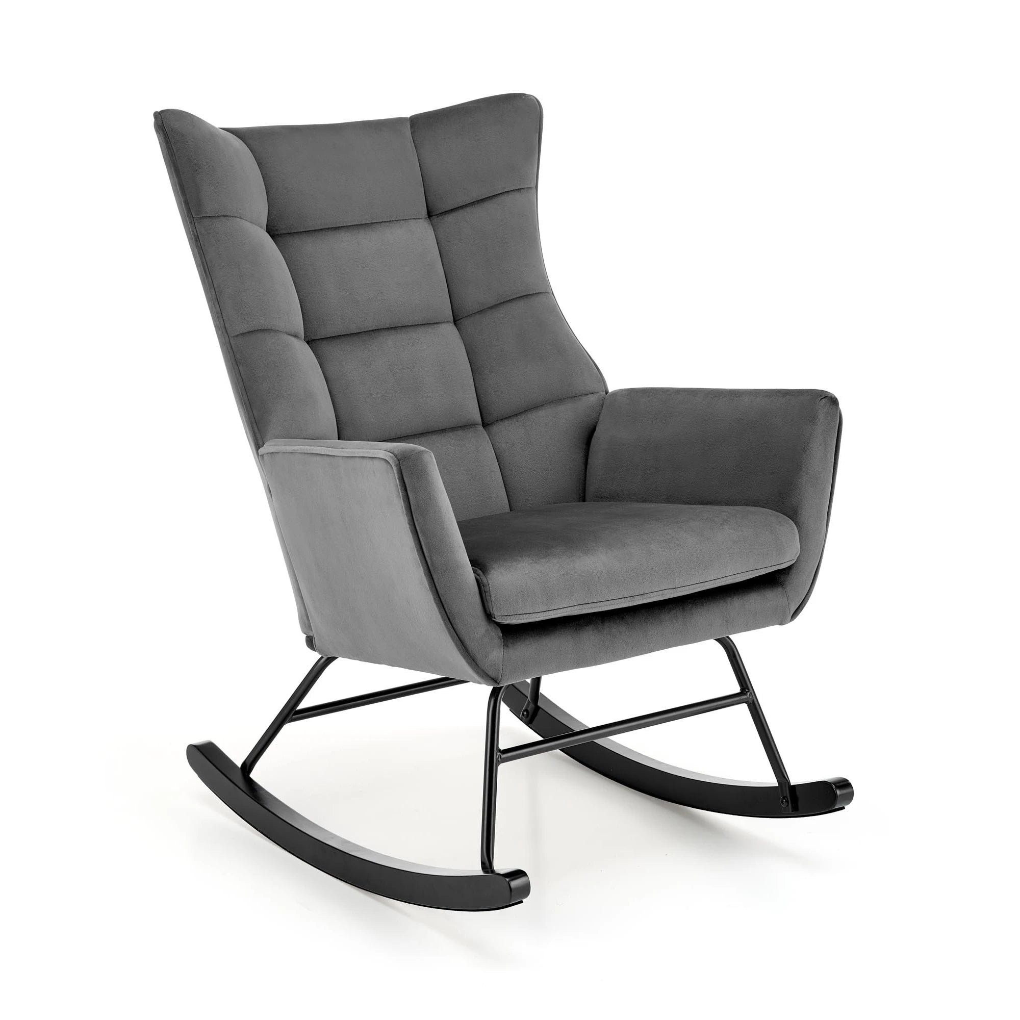 Scaun balansoar tapitat BAZALTO, gri/negru, stofa catifelata/lemn, 70x90x92 cm