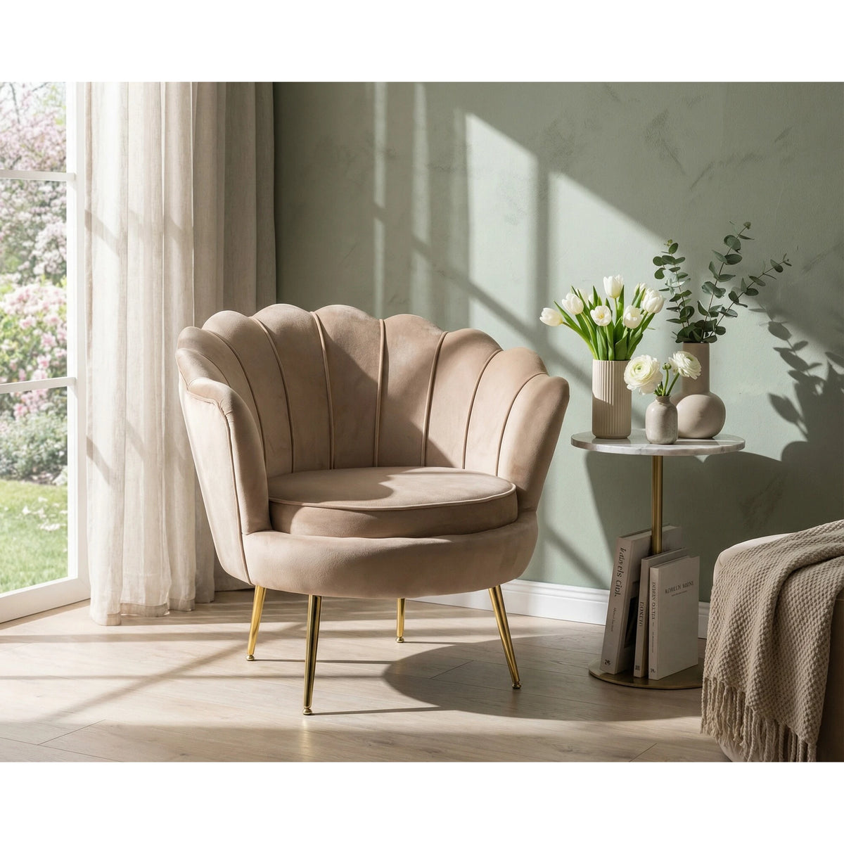 Fotoliu scoica CAMELLIA 1, stofa catifelata bej - Bluvel 28, 81x76x77 cm