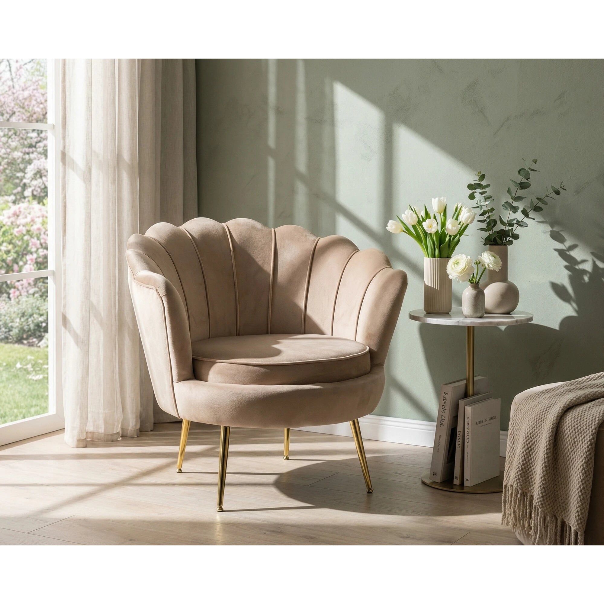 Fotoliu scoica CAMELLIA 1, stofa catifelata bej - Bluvel 28, 81x76x77 cm