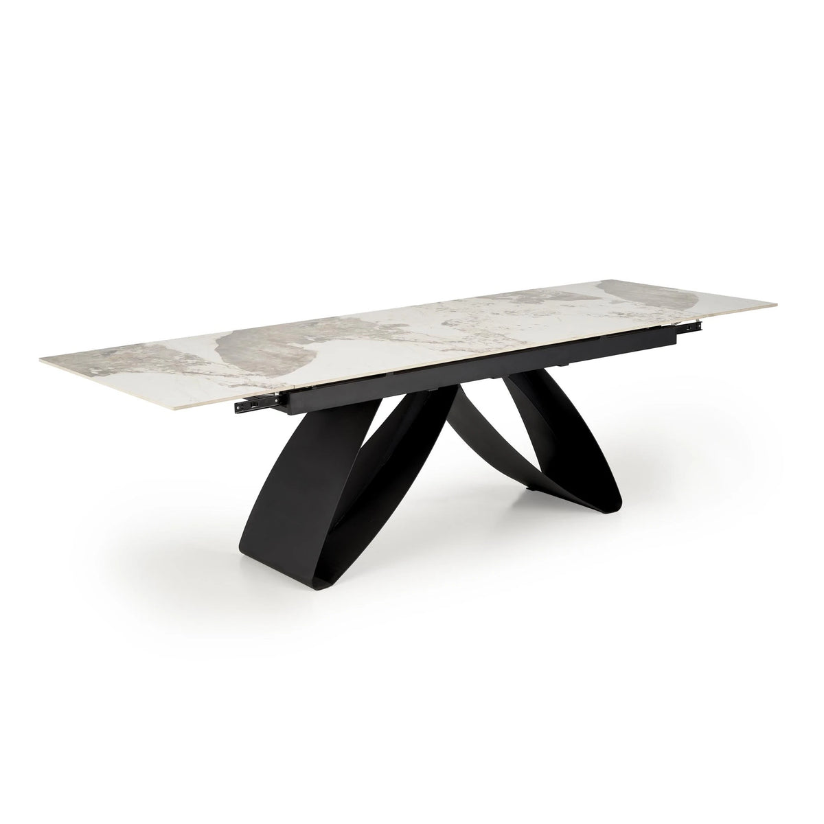 Masa living 10 persoane HILARIO, bej/negru, piatra sinterizata/metal, 180/260x90x75 cm