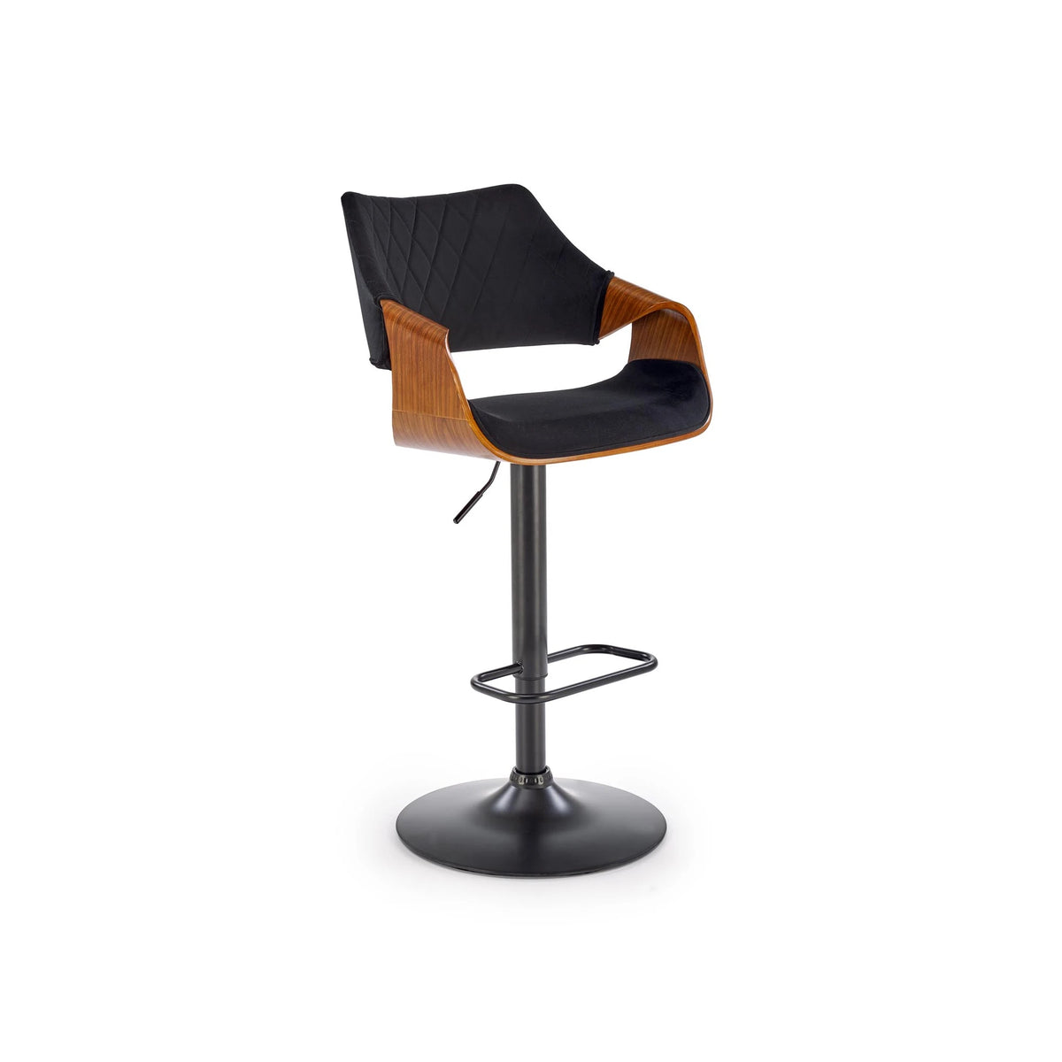 Scaun bar H124, negru/nuc, stofa catifelata/placaj/metal, 55x52x93/114 cm
