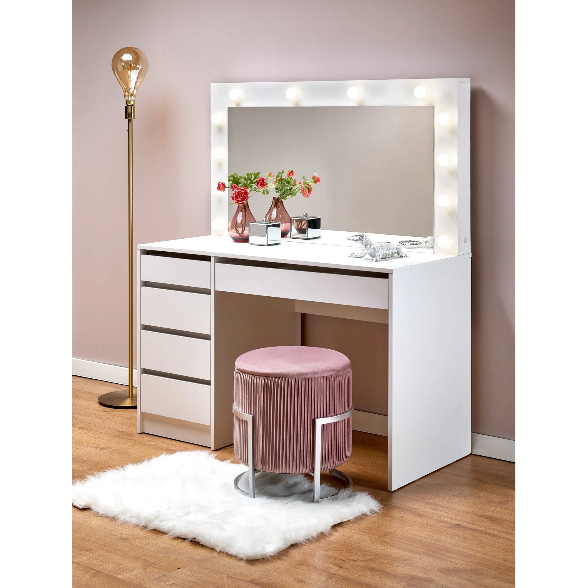 Masa de toaleta cu oglinda cu leduri HOLLYWOOD XL, alb, PAL furniruit, 120x55x140 cm