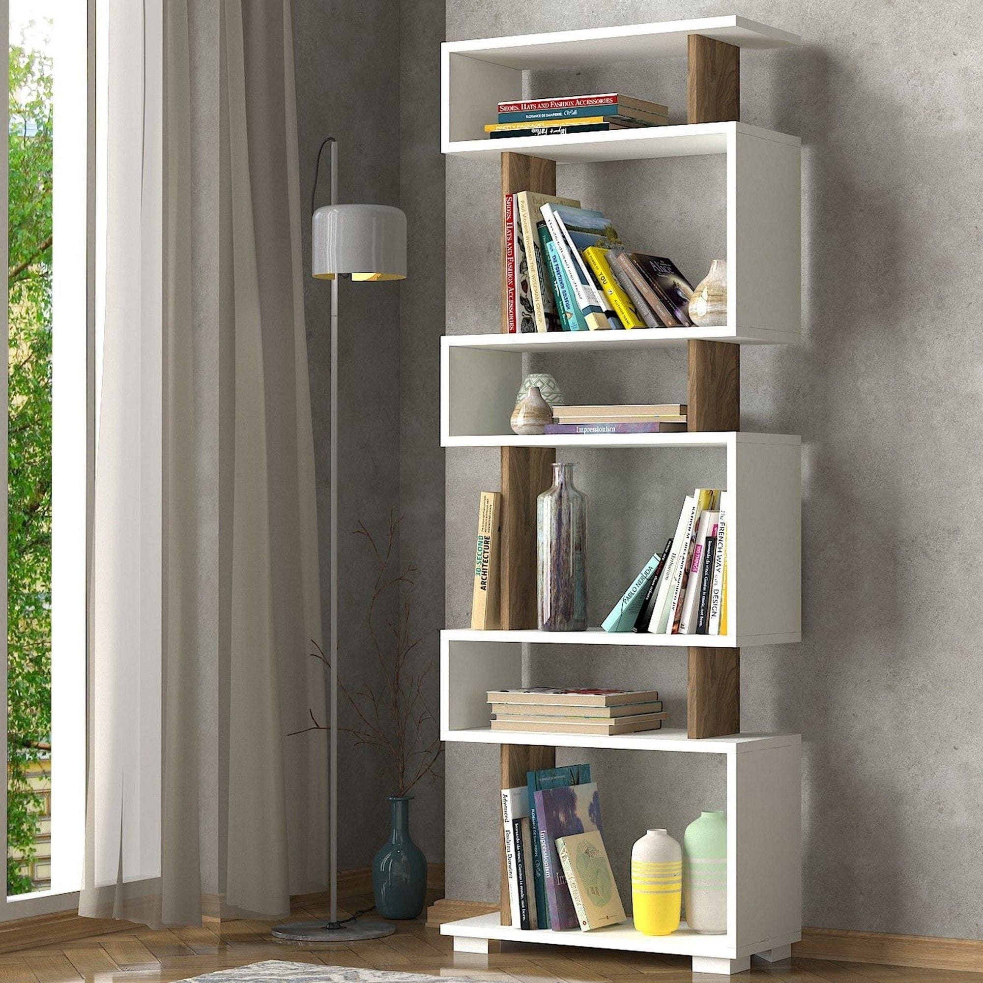 Biblioteca BLOK, alun/alb, PAL melaminat, 60x20x165 cm