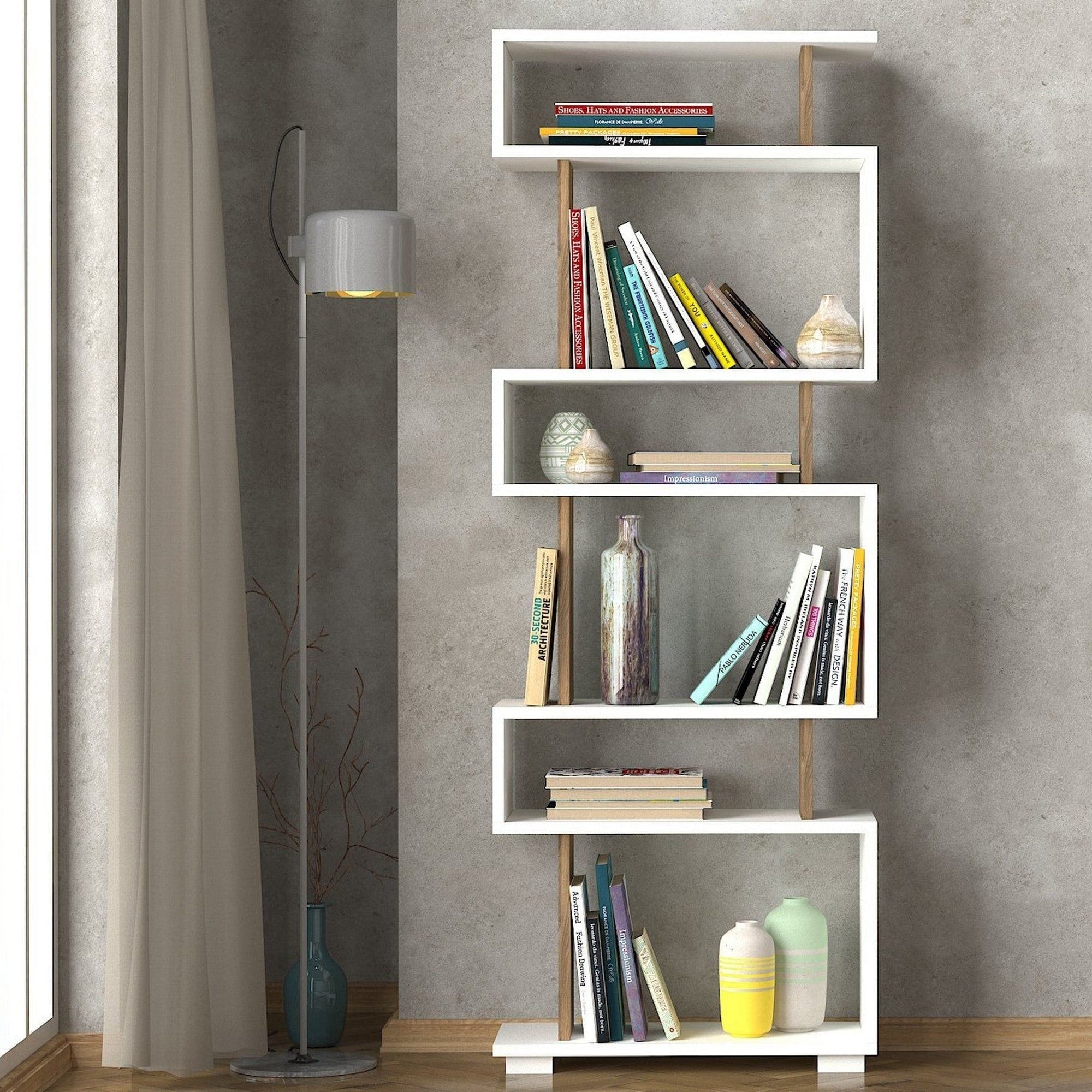 Biblioteca BLOK, alun/alb, PAL melaminat, 60x20x165 cm