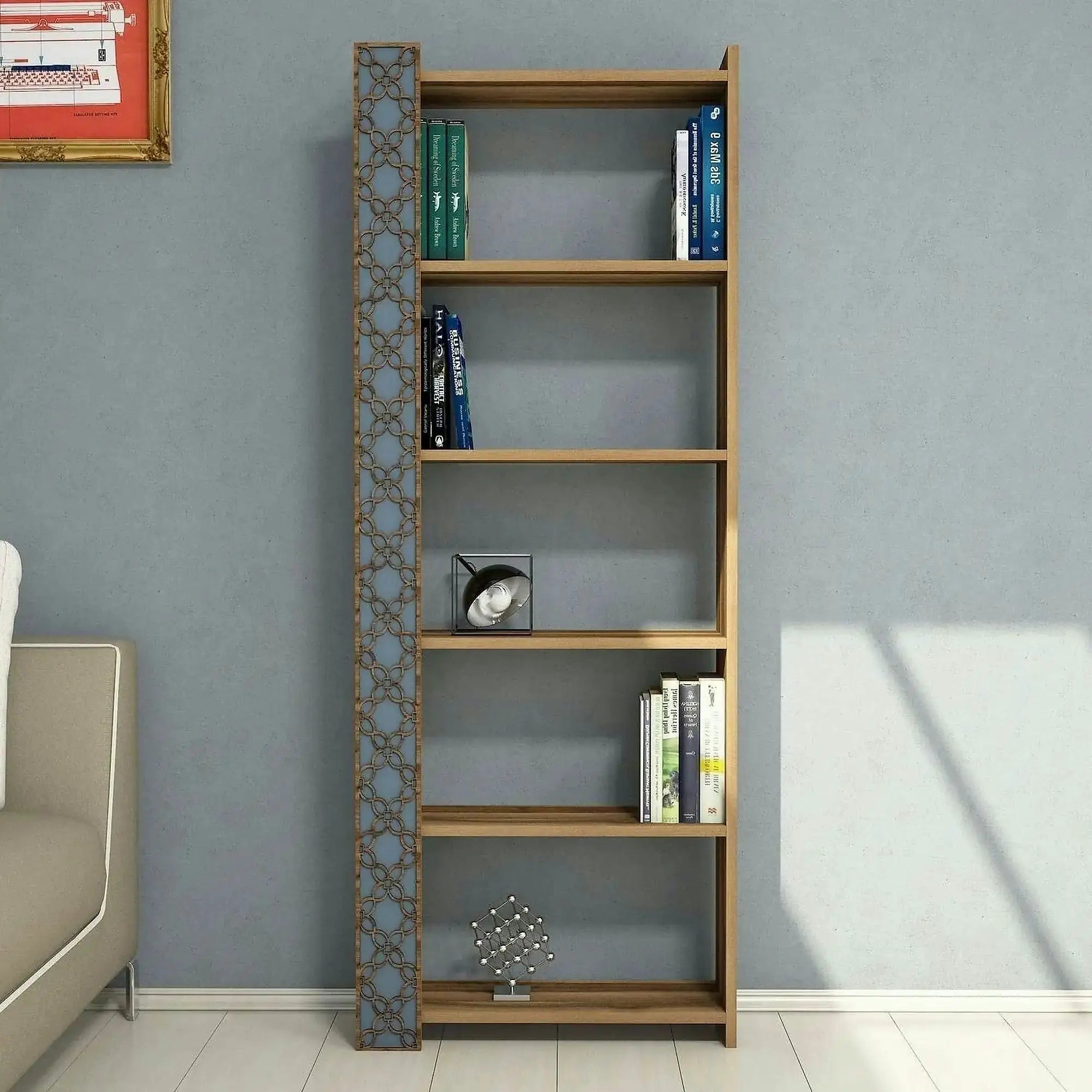 Biblioteca CITY, alun/albastru, PAL melaminat, 65x24x170 cm