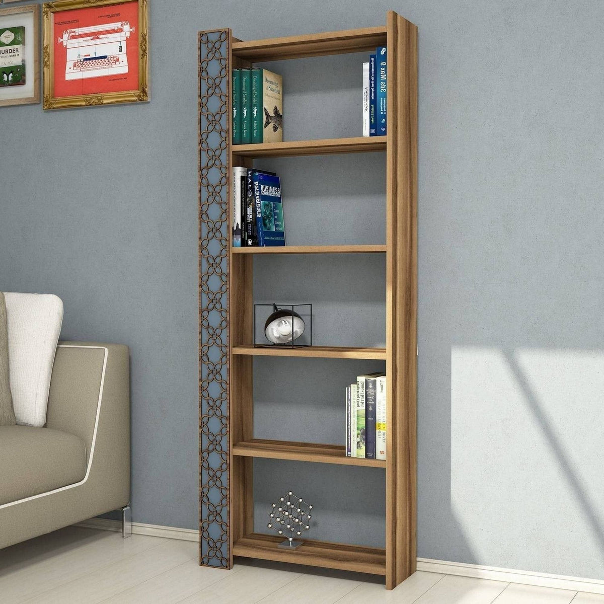 Biblioteca CITY, alun/albastru, PAL melaminat, 65x24x170 cm