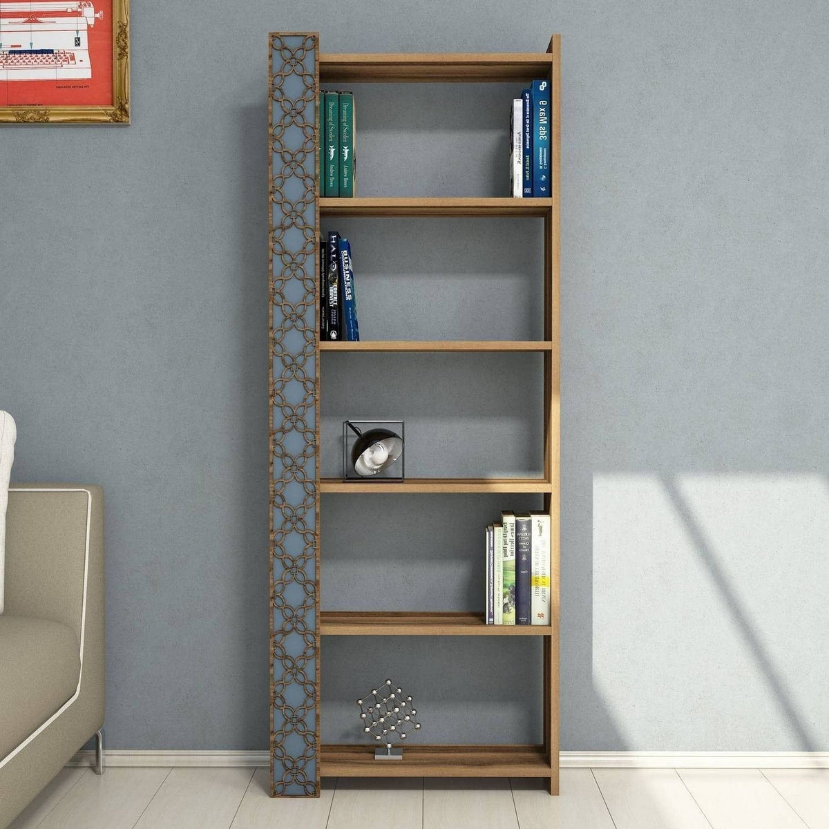 Biblioteca CITY, alun/albastru, PAL melaminat, 65x24x170 cm