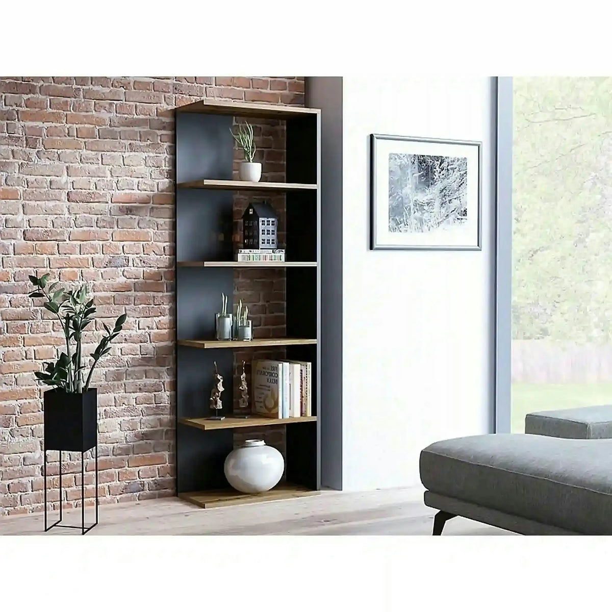 Biblioteca CORNER, negru/stejar wotan, PAL, 60x25x170 cm