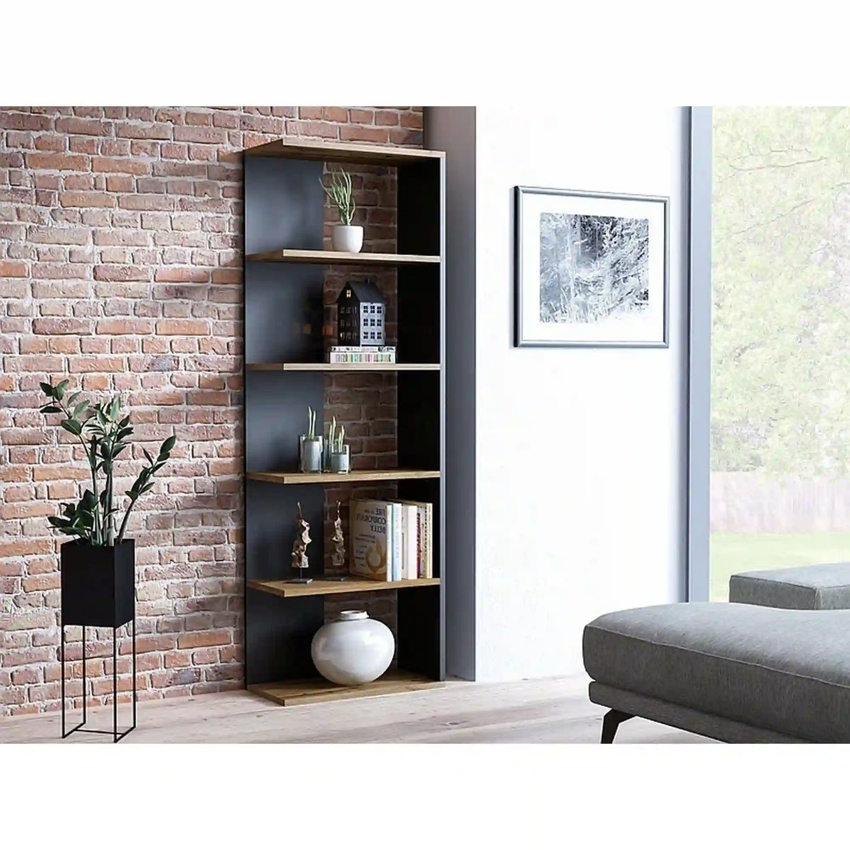 Biblioteca CORNER, negru/stejar wotan, PAL, 60x25x170 cm