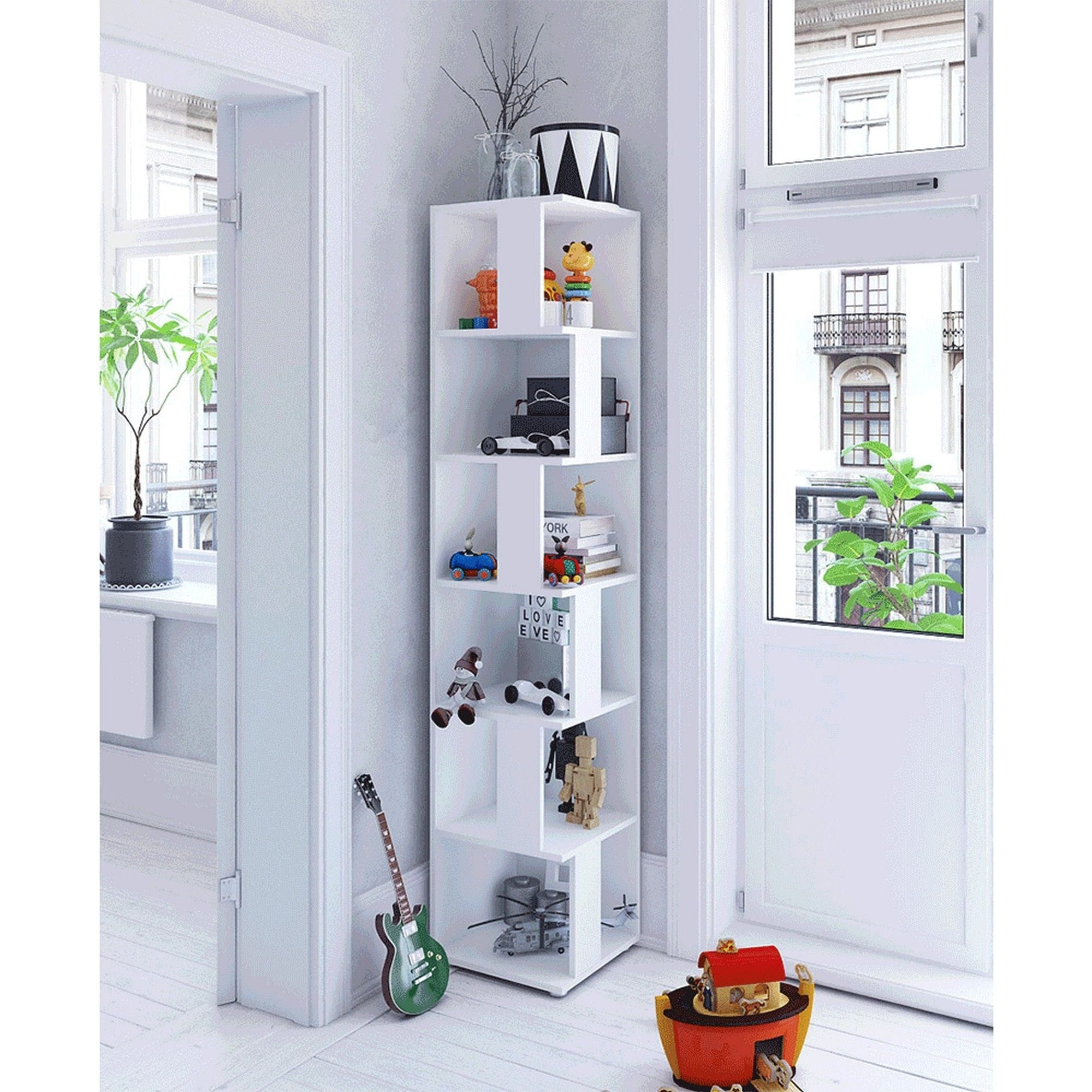 Biblioteca de colt KORIND, alb, DTD laminat, 38x38x186 cm