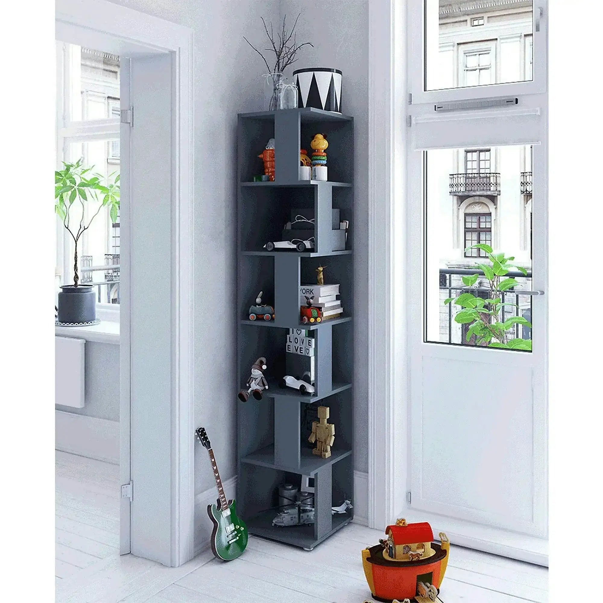 Biblioteca de colt KORIND, gri grafit, DTD laminat, 38x38x186 cm