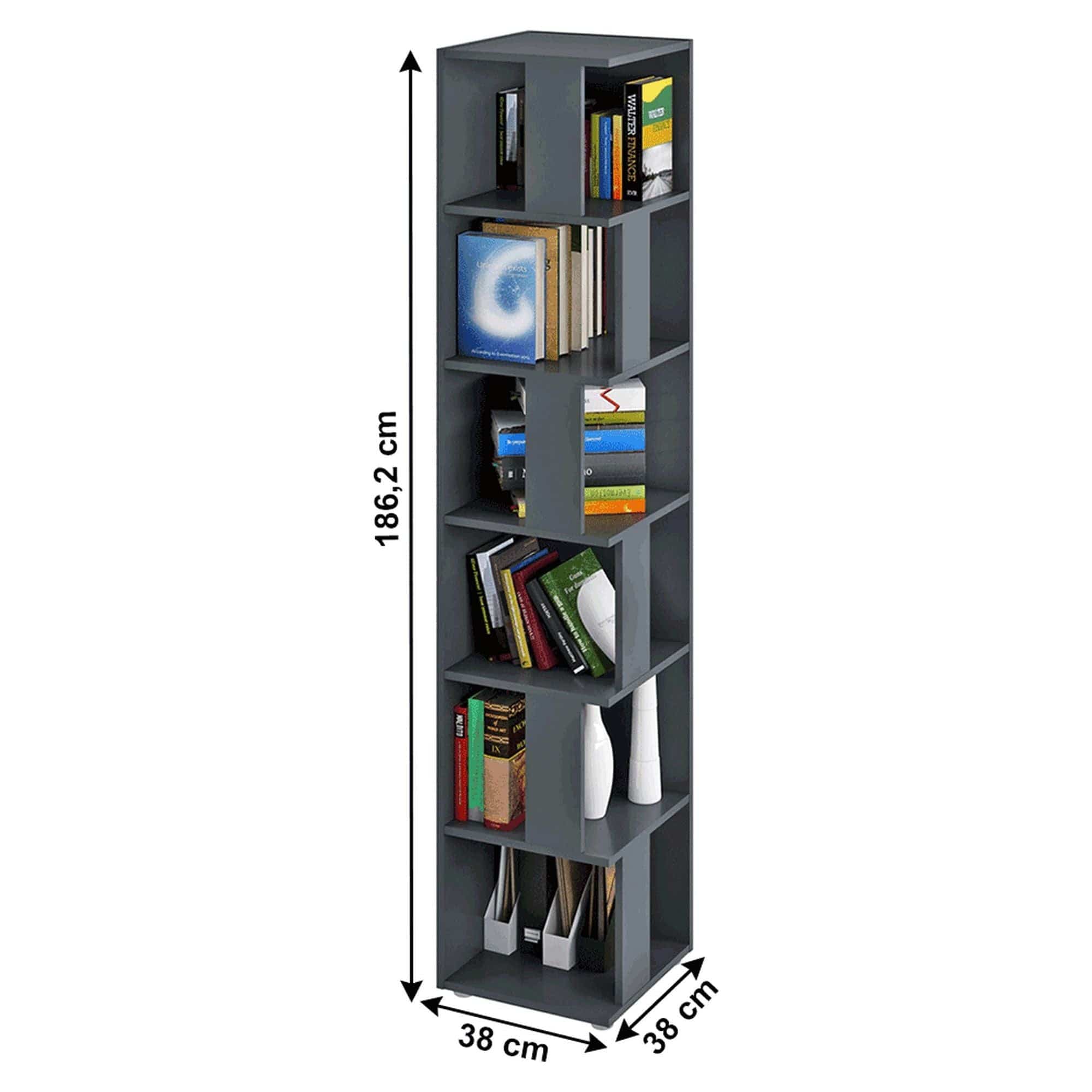Biblioteca de colt KORIND, gri grafit, DTD laminat, 38x38x186 cm