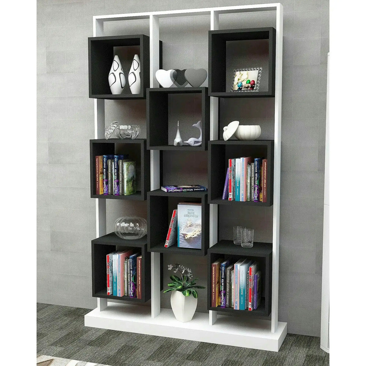 Biblioteca EDGE, alb/negru, PAL melaminat, 120x30x188 cm