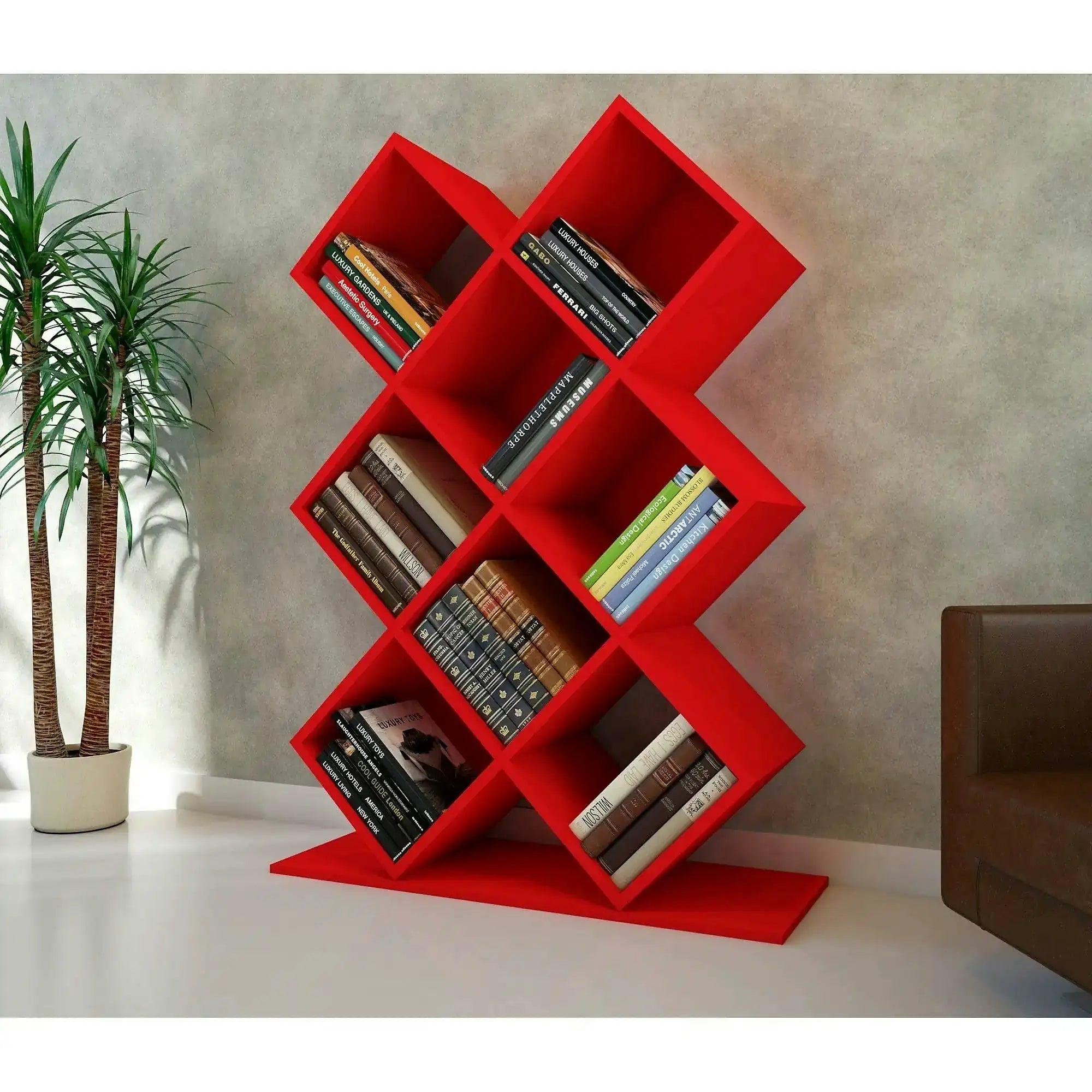 Biblioteca KUMSAL, rosu, PAL melaminat, 90x20x129 cm