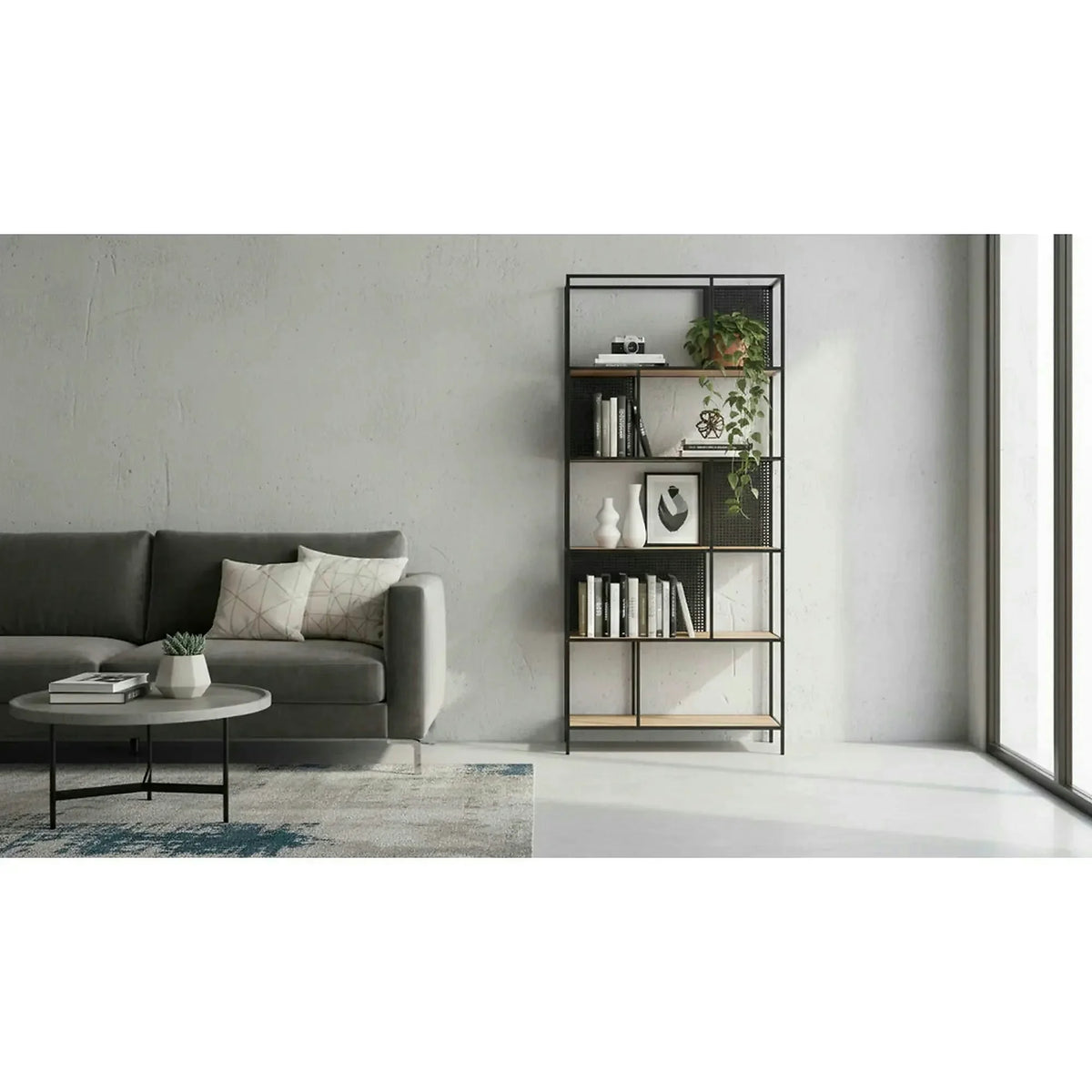 Biblioteca LEON, negru/stejar, 76x33x180 cm