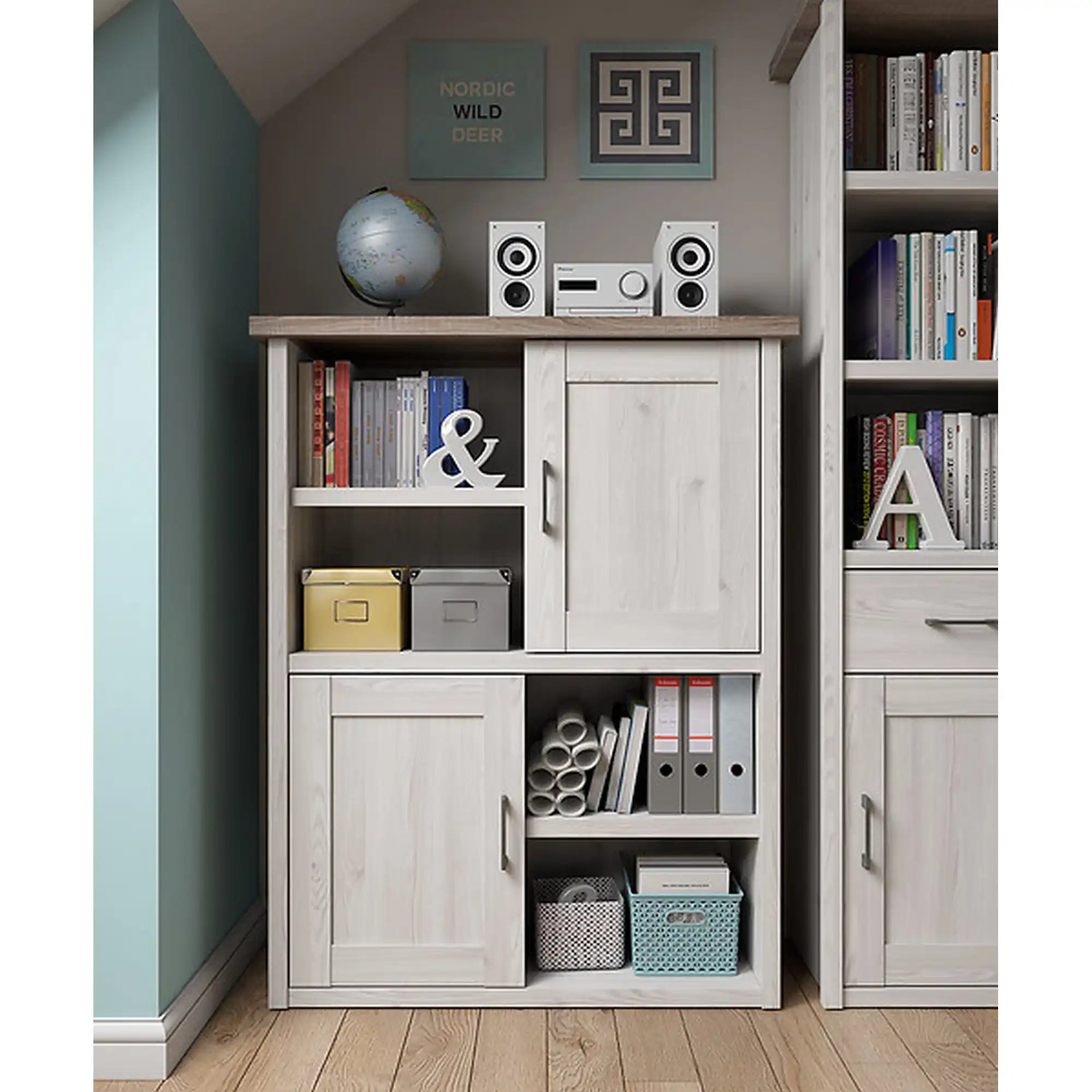 Biblioteca LUCA JUZI, zada sibiu deschis, PAL laminat, 106x43x135 cm