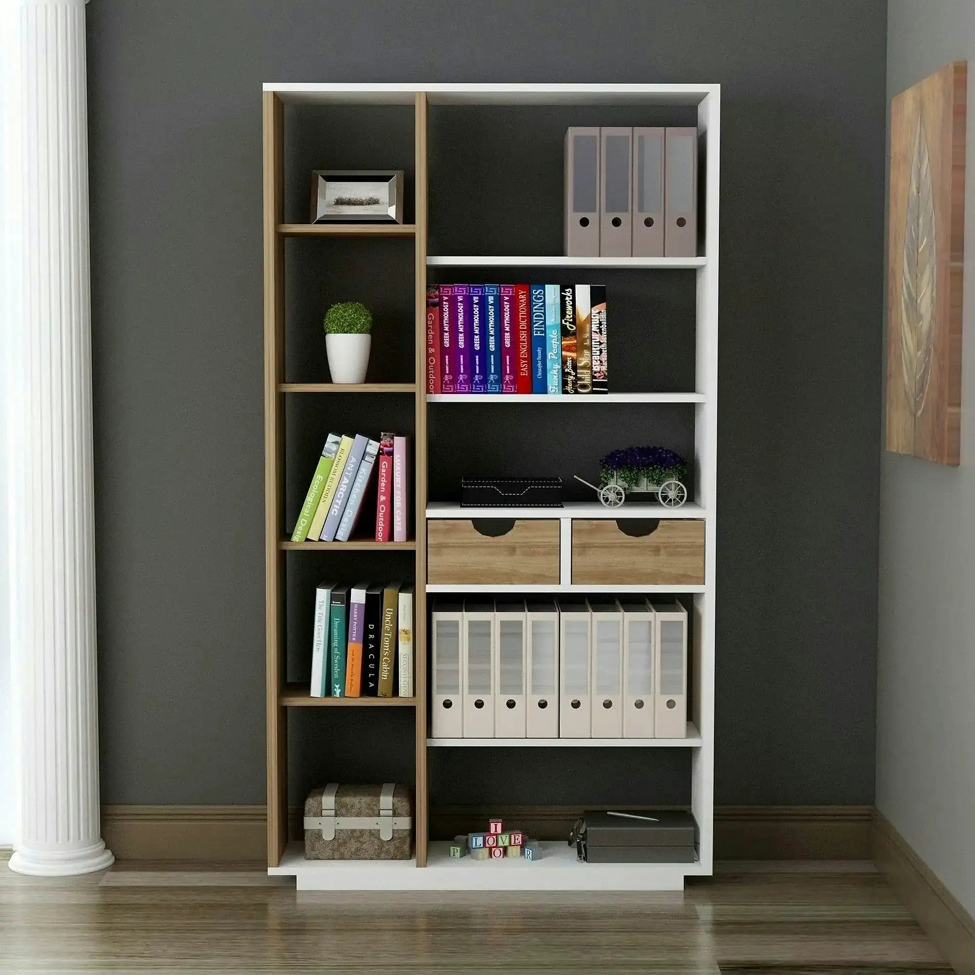 Biblioteca LUMA, stejar/alb, PAL melaminat, 80x25x189 cm