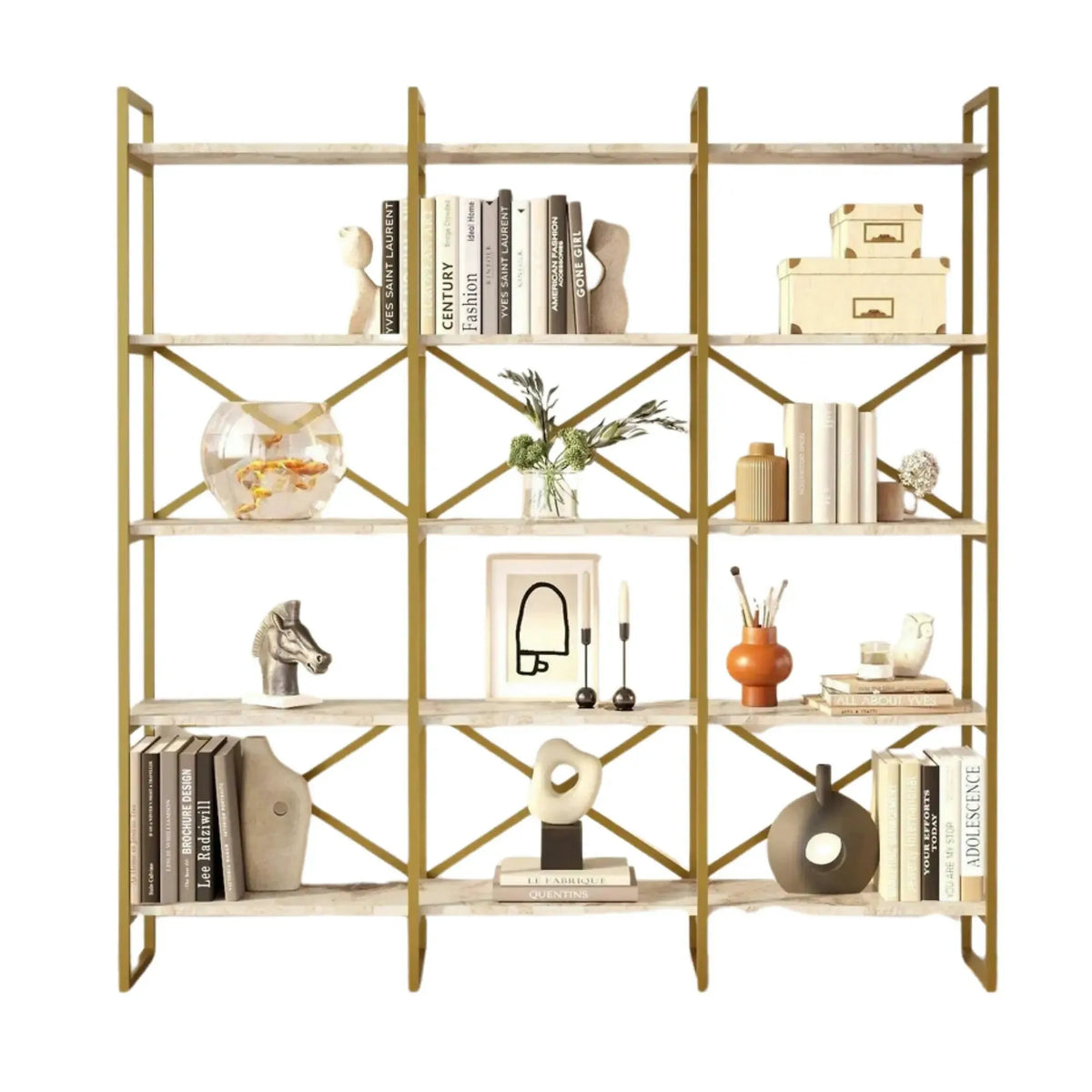 Biblioteca mare VG6-GE, alb cu efect de marmura/auriu, PAL melaminat, 170x30x175 cm