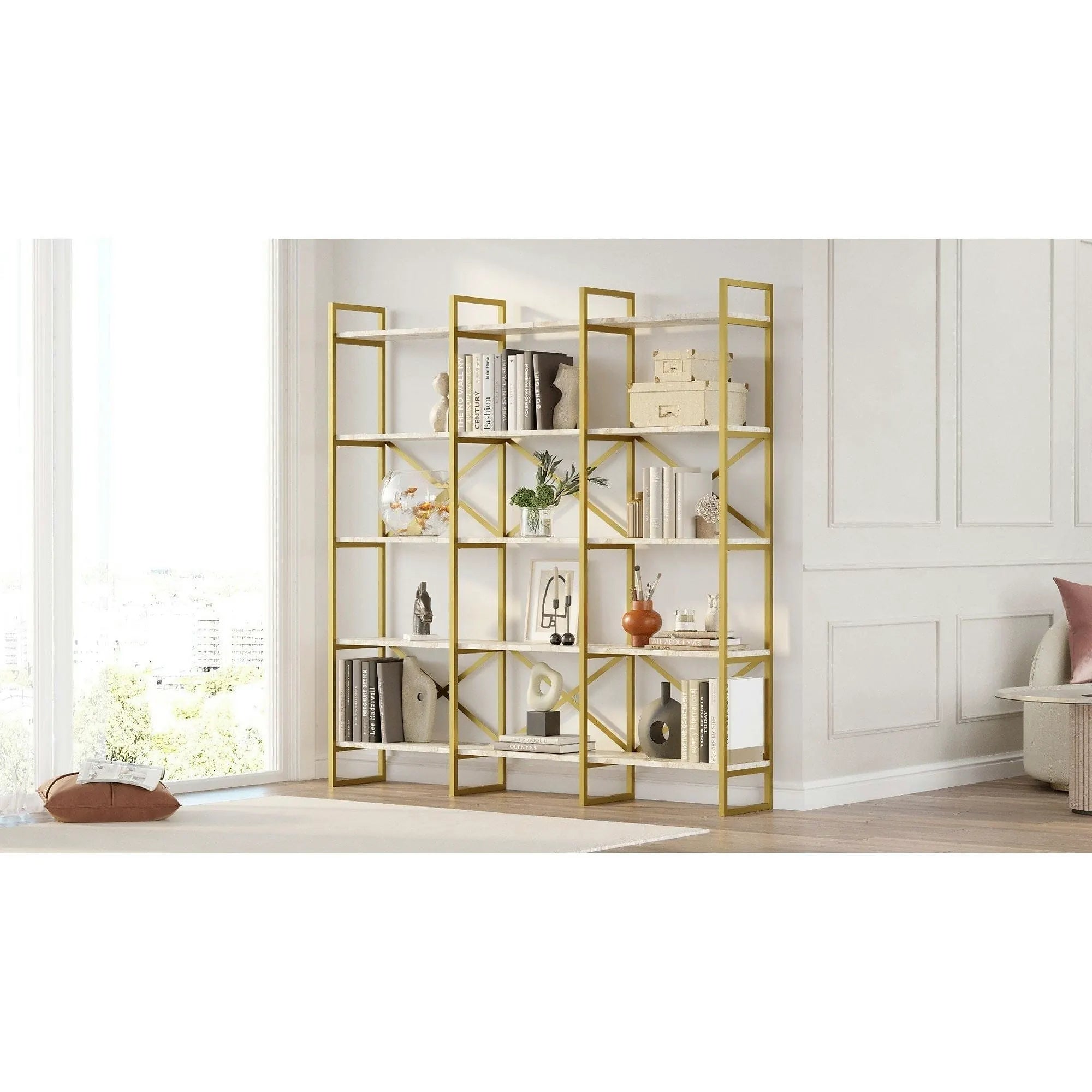Biblioteca mare VG6-GE, alb cu efect de marmura/auriu, PAL melaminat, 170x30x175 cm