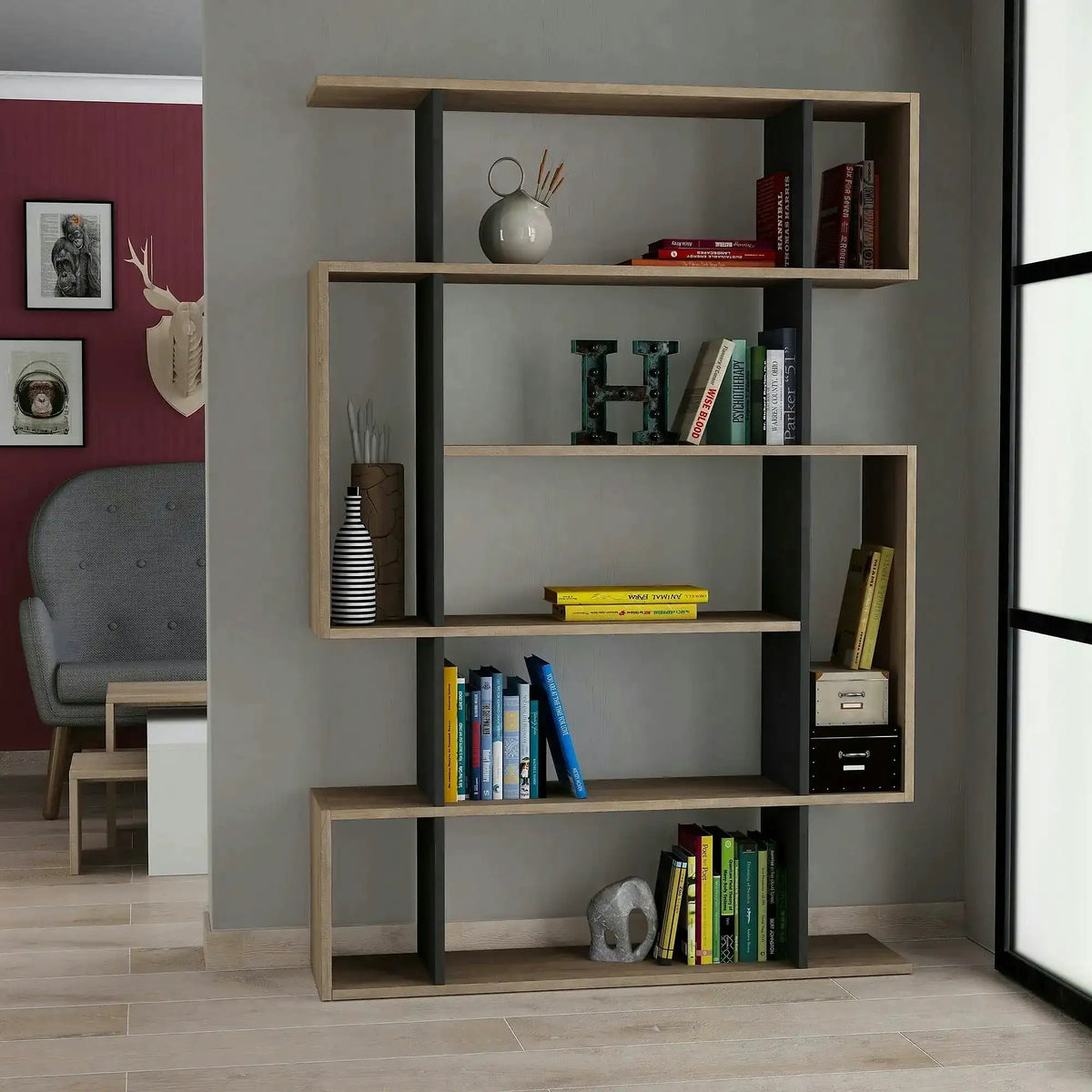 Biblioteca MITO, stejar sonoma/gri antracit, PAL melaminat, 110x26x161 cm