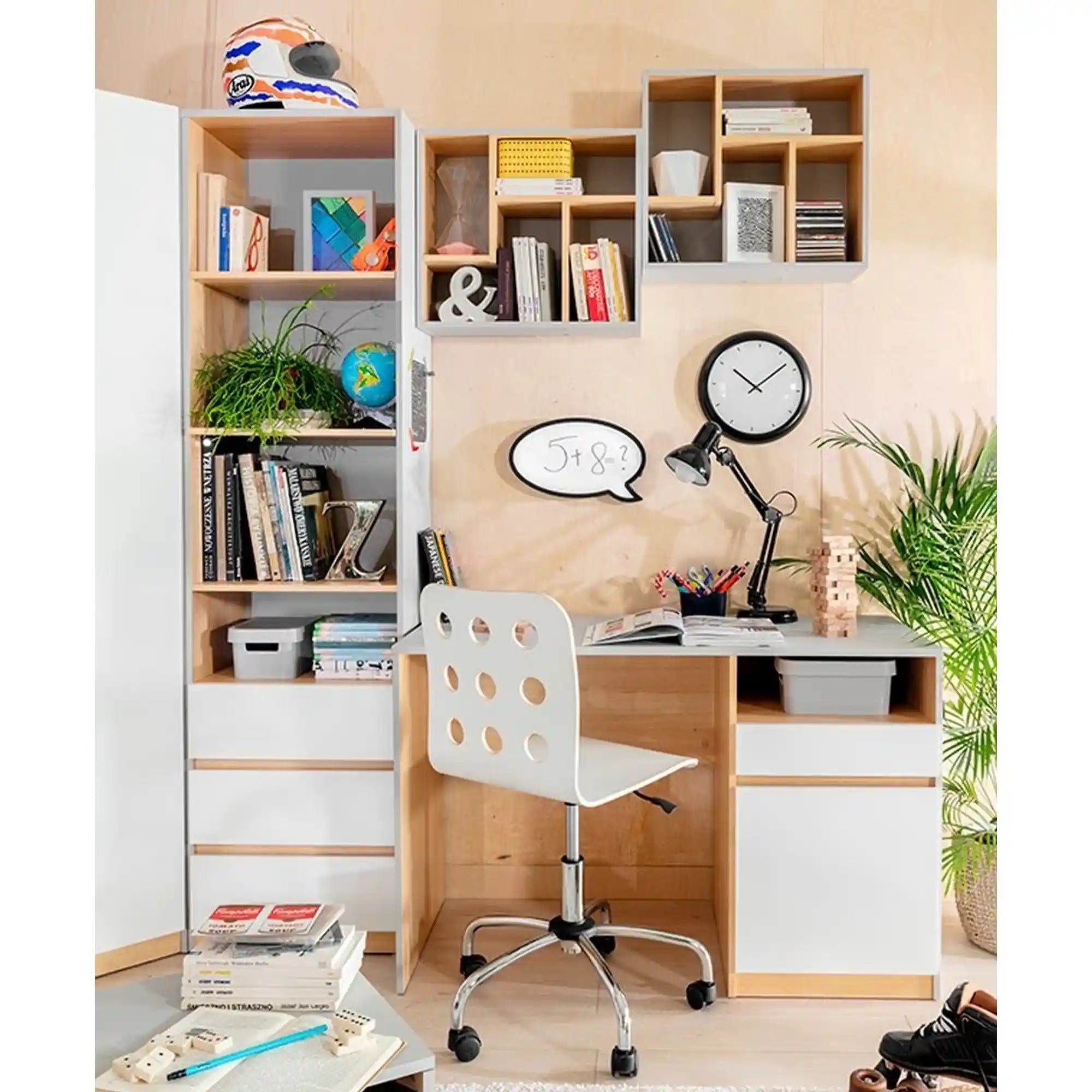 Biblioteca NANDU, gri deschis/stejar, PAL laminat, 39x50x201 cm