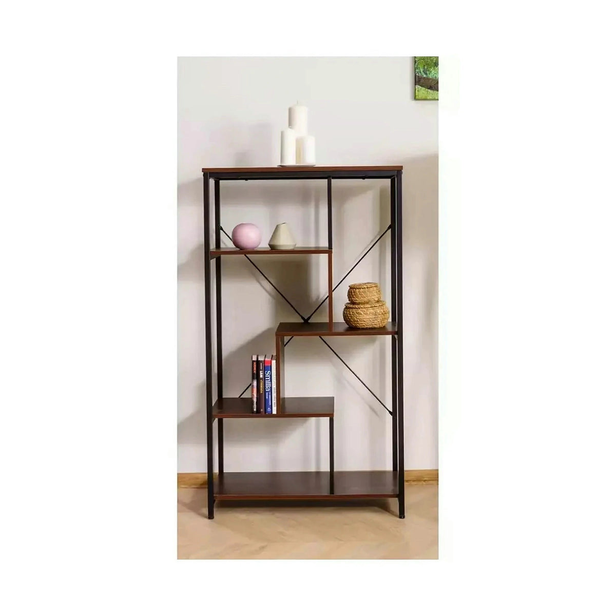 Biblioteca NET B, nuc inchis/negru, PAL laminat/metal, 75x35x132 cm