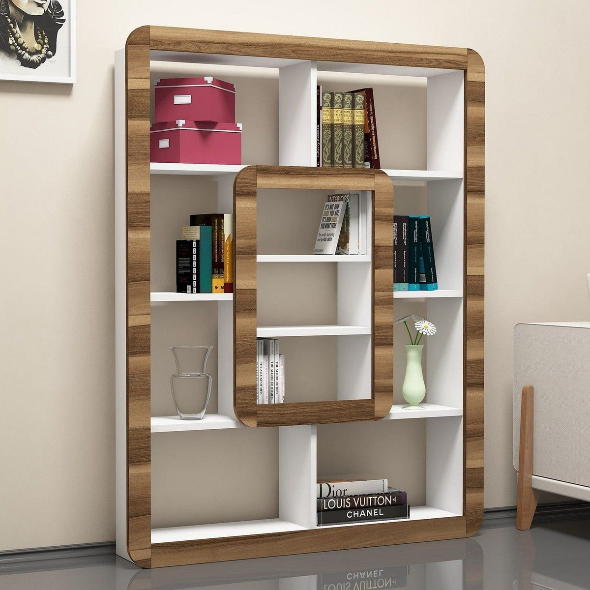 Biblioteca ORKIDE, alb/nuc, PAL melaminat, 108x22x140 cm
