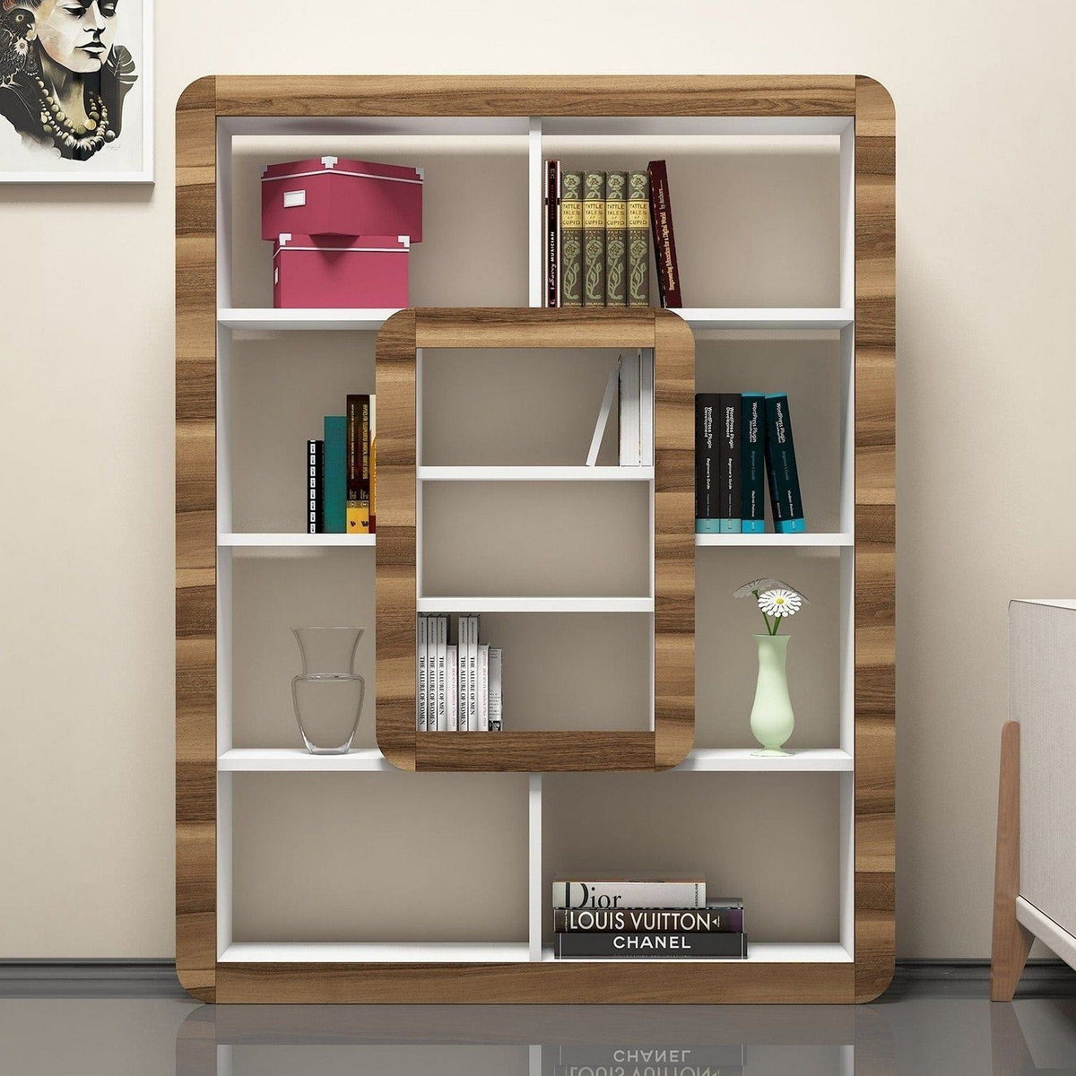 Biblioteca ORKIDE, alb/nuc, PAL melaminat, 108x22x140 cm