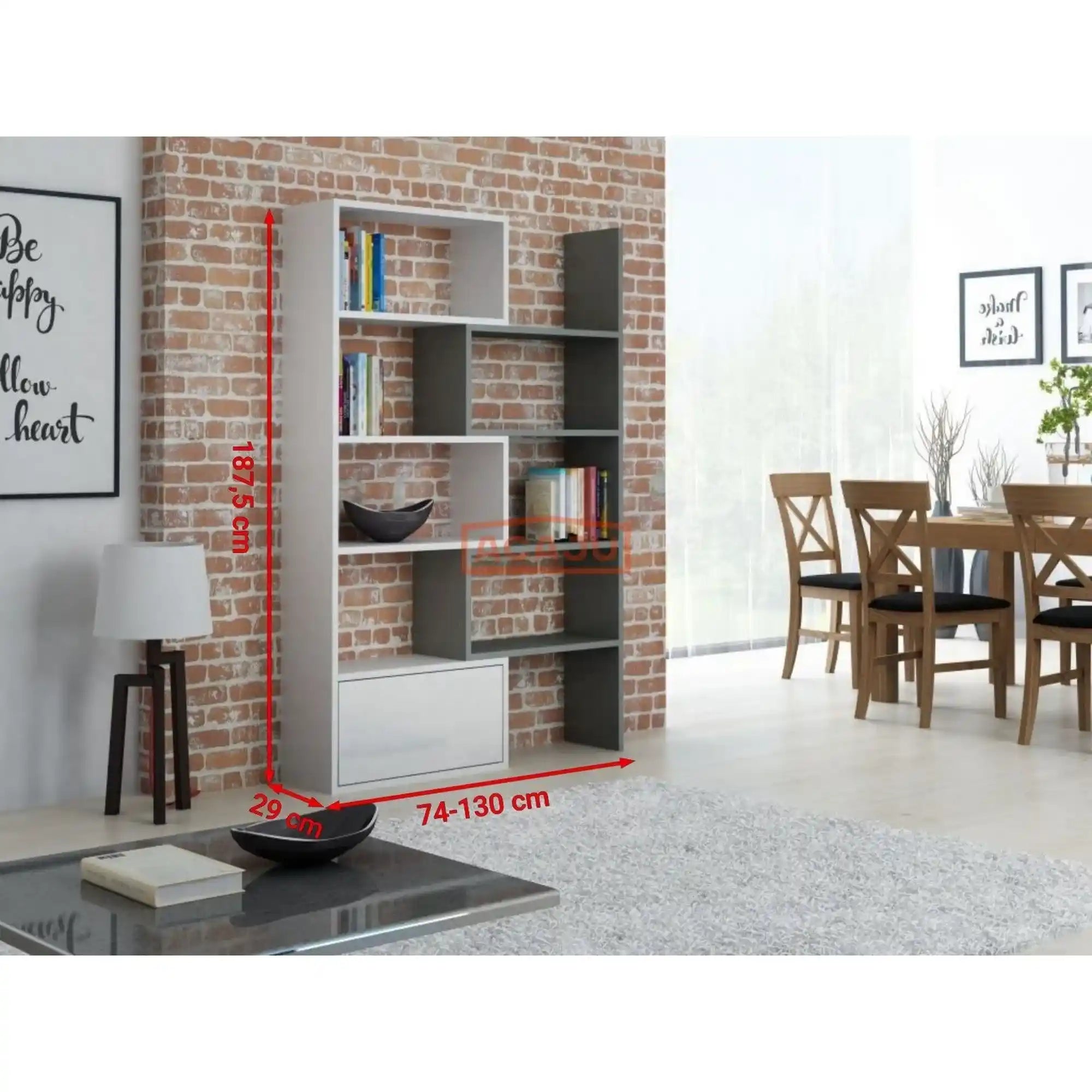 Biblioteca PACO, alb, PAL laminat, 74/130x29x188 cm