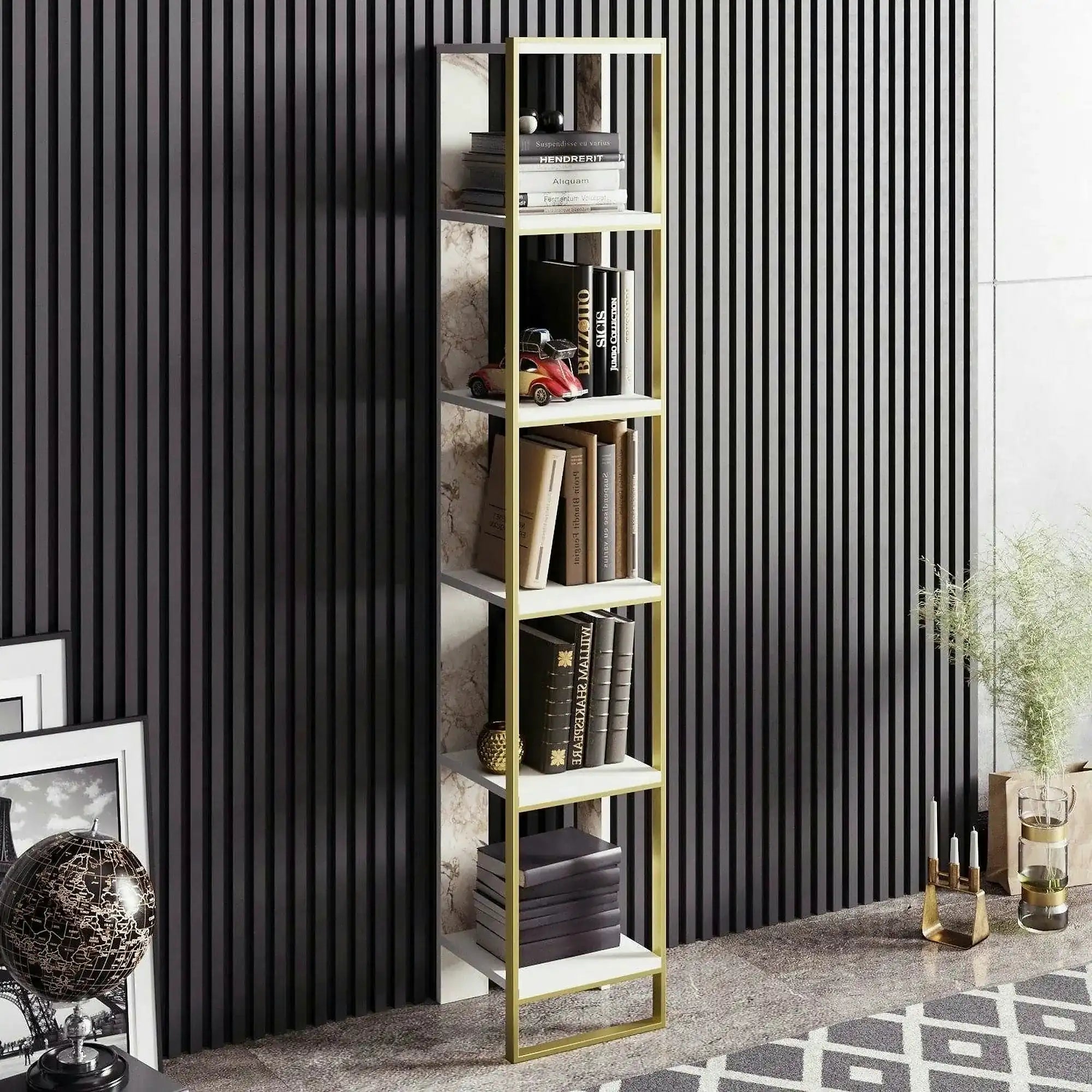 Biblioteca POLKA, alb/auriu, PAL melaminat, 32x31x179 cm
