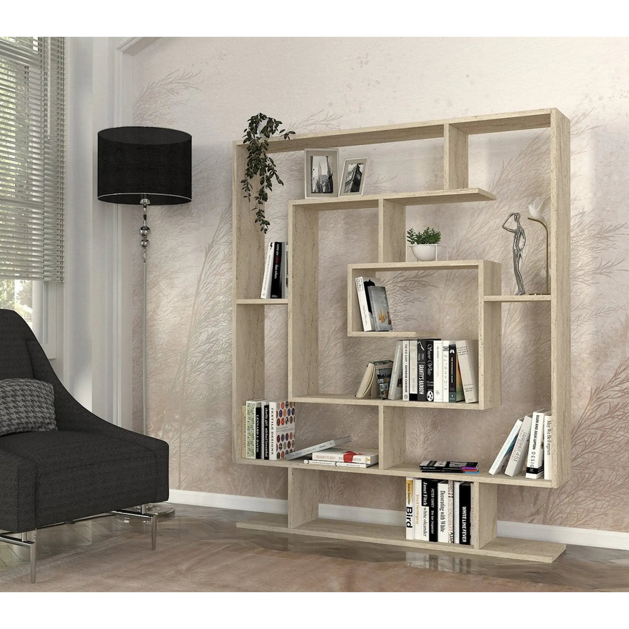 Biblioteca SARMASIK, efect de piatra travertin, PAL melaminat, 125x22x150 cm