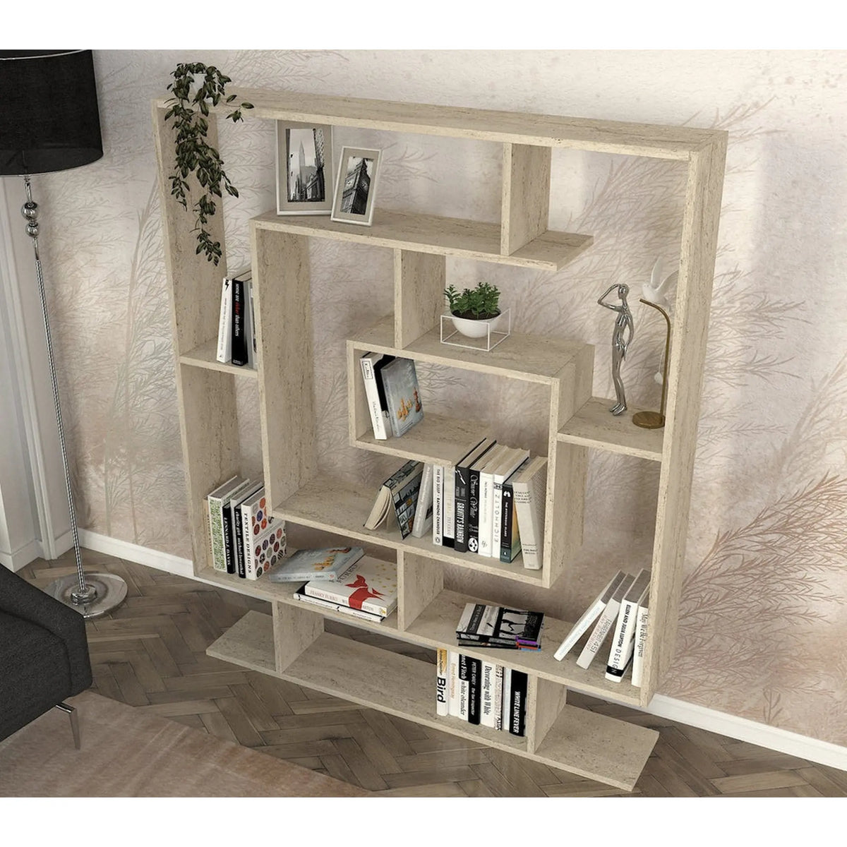Biblioteca SARMASIK, efect de piatra travertin, PAL melaminat, 125x22x150 cm