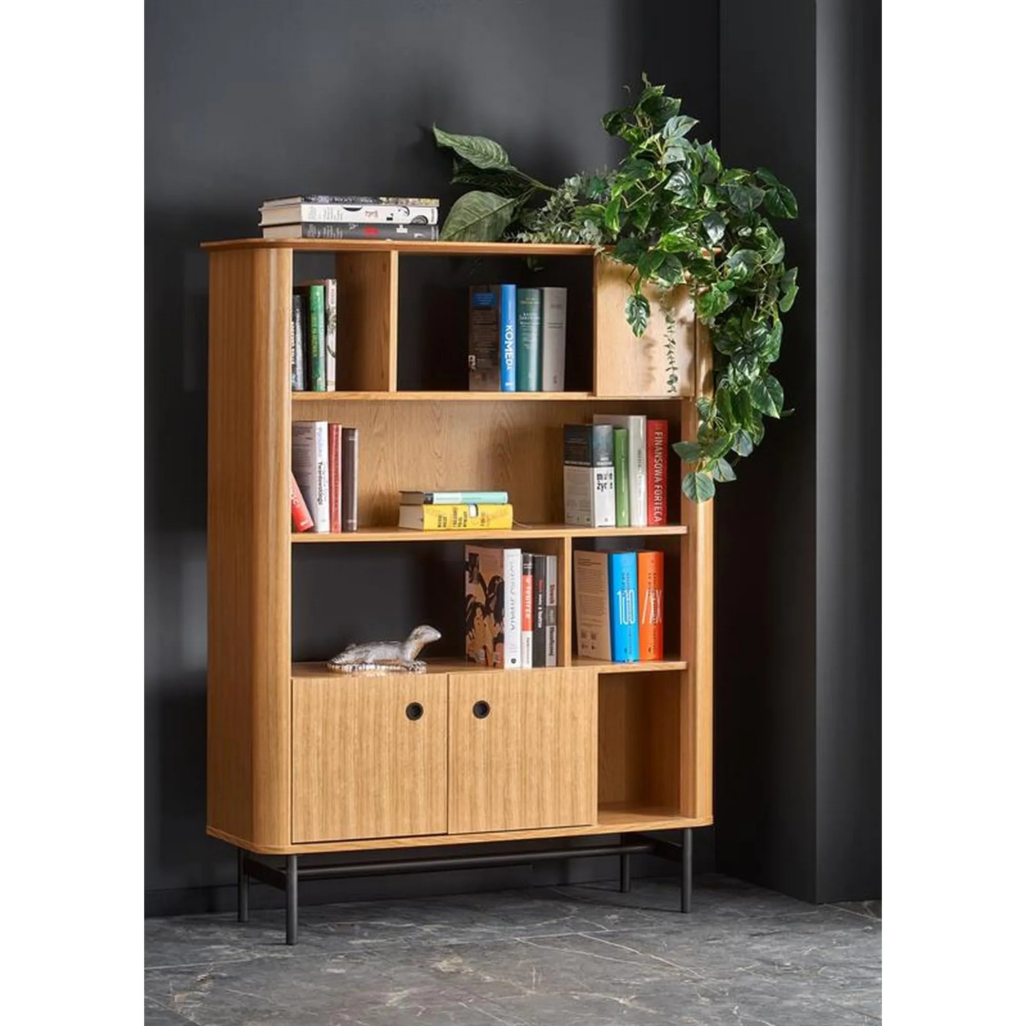 Biblioteca SMART, stejar/negru, PAL/furnir/metal, 117x37x153 cm