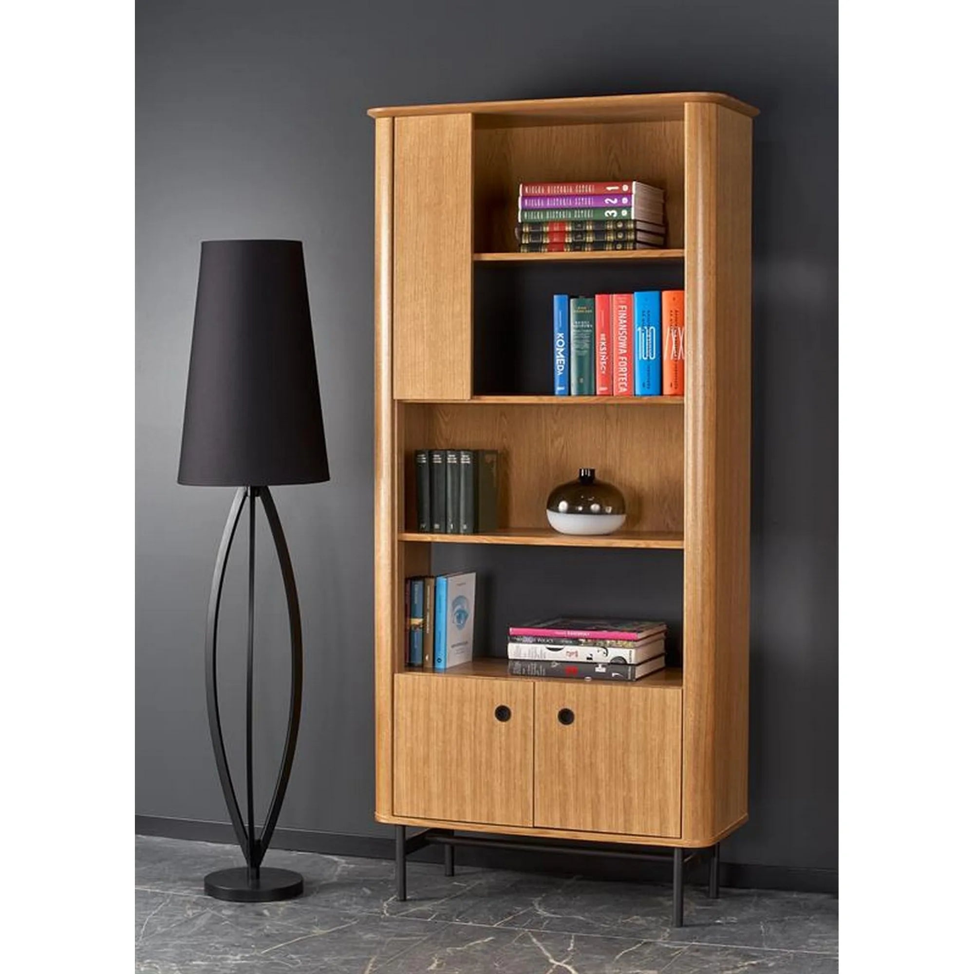 Biblioteca SMART, stejar/negru, PAL/furnir/metal, 97x37x196 cm