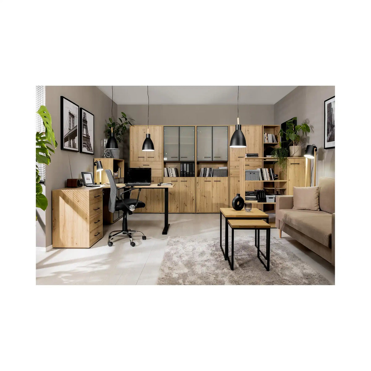 Biblioteca SPACE OFFICE, stejar artisan, PAL laminat, 120x37x203 cm