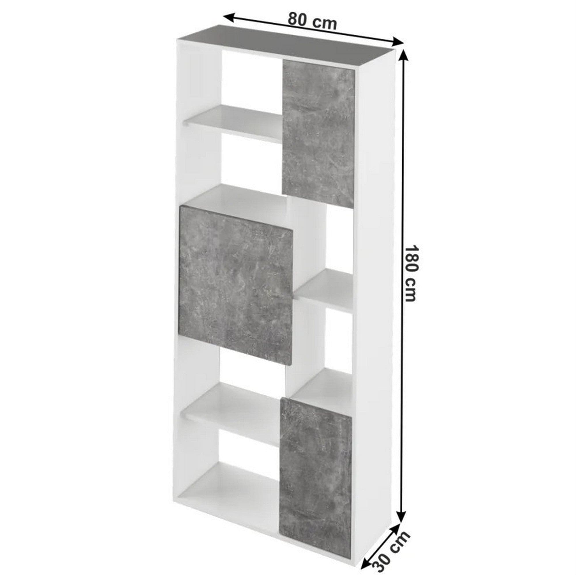 Biblioteca ULIMI, alb/gri beton, DTD laminat, 80x30x180 cm