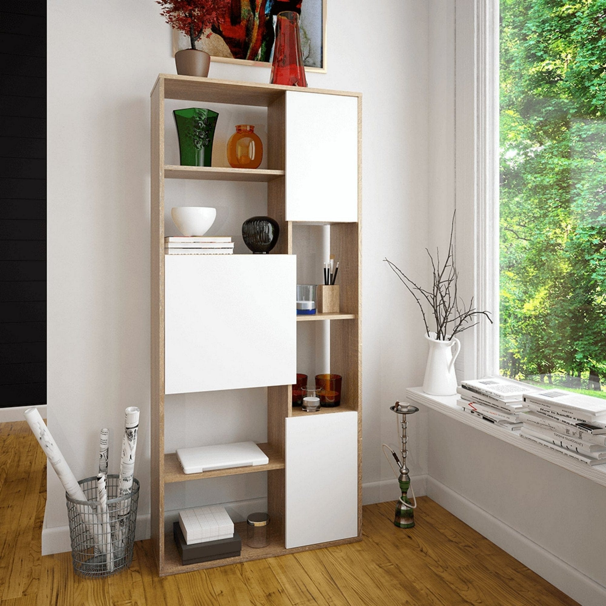 Biblioteca ULIMI, stejar sonoma/alb, DTD laminat, 80x30x180 cm