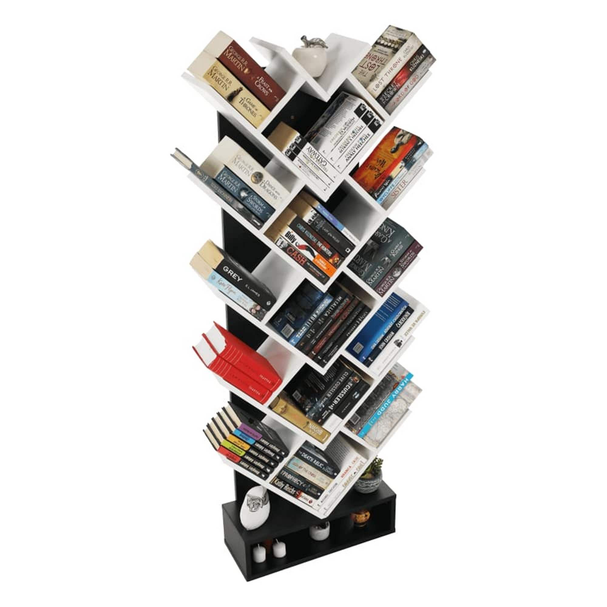 Biblioteca VEVEY, alb/negru, PAL melaminat, 59x22x150 cm