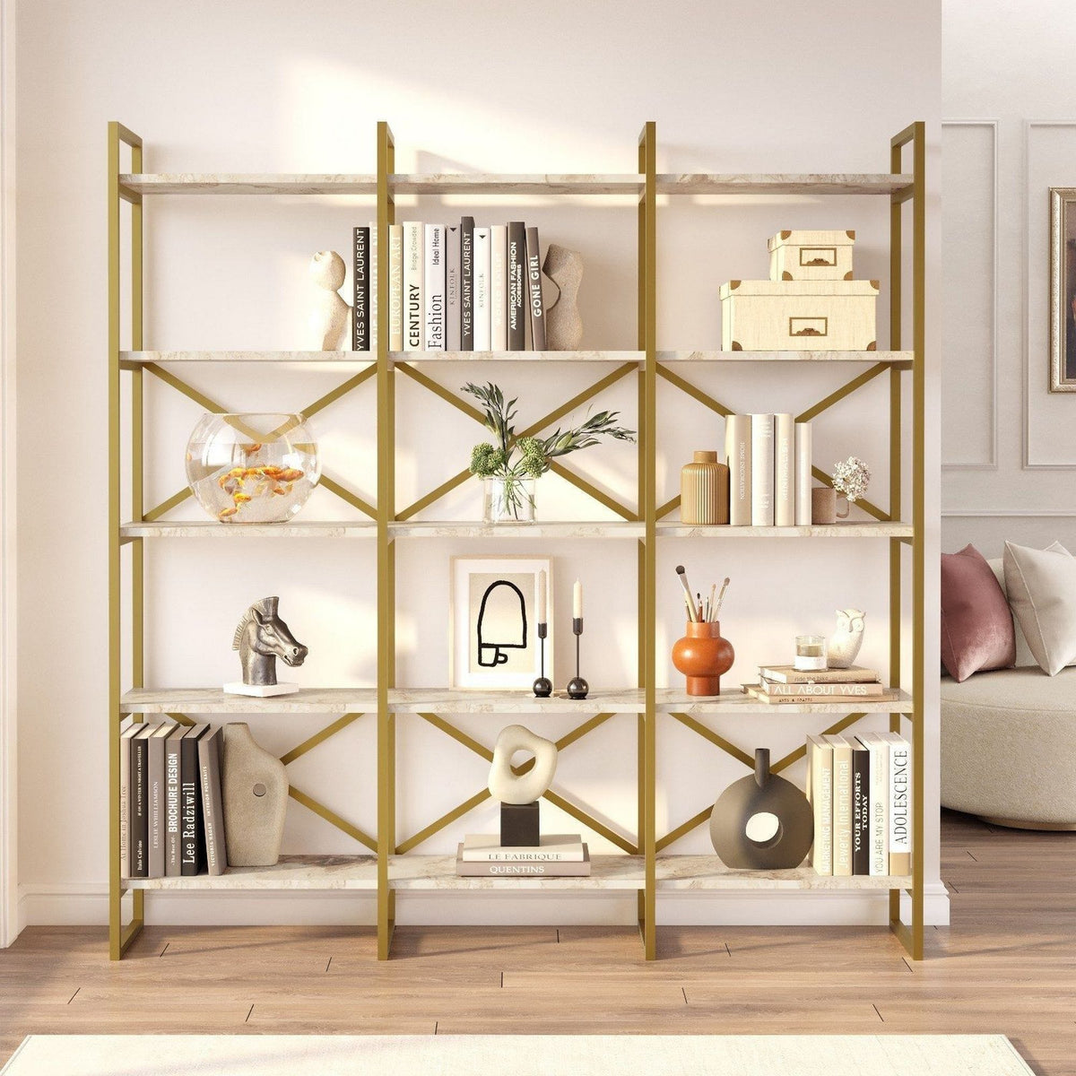 Biblioteca VG6-GE, alb cu efect de marmura/auriu, PAL melaminat, 170x30x175 cm