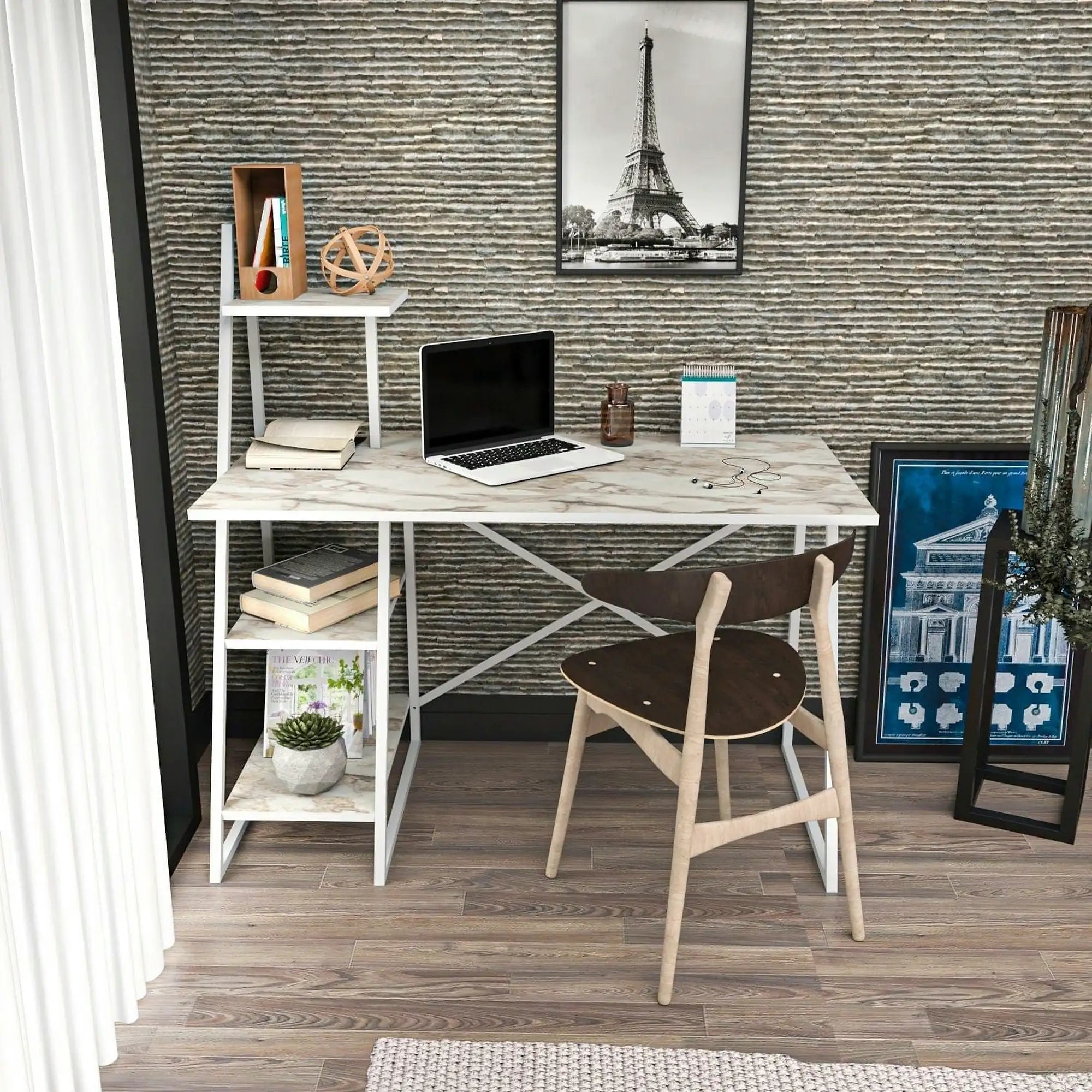 Birou ADMIRA, bej cu efect de marmura/alb, PAL melaminat/metal, 120x60x120 cm