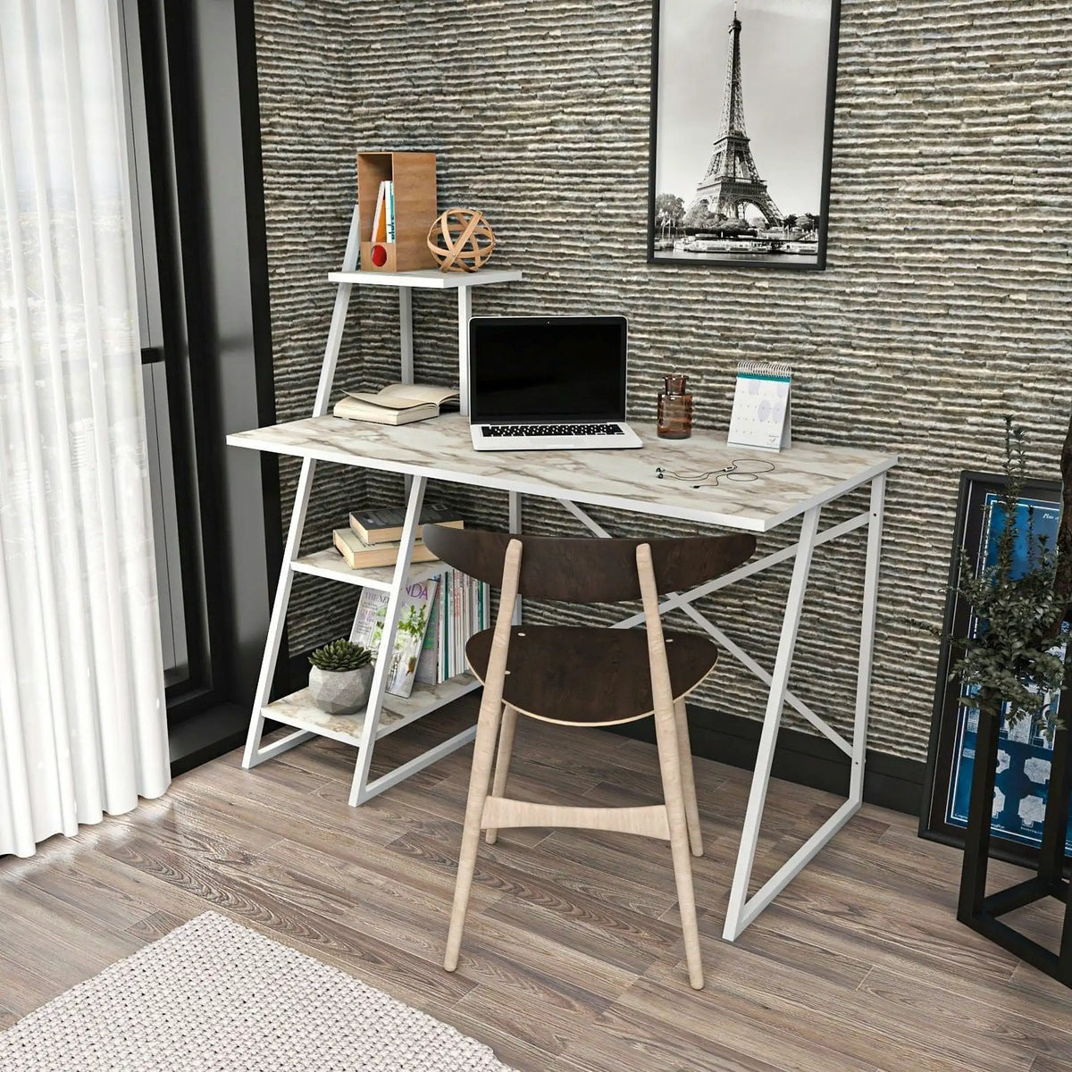 Birou ADMIRA, bej cu efect de marmura/alb, PAL melaminat/metal, 120x60x120 cm