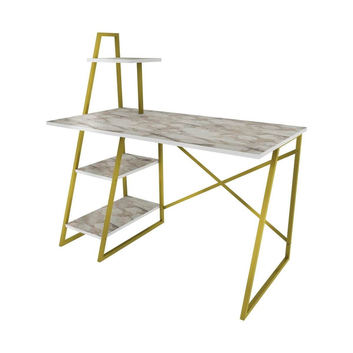 Birou ADMIRA, bej cu efect de marmura/auriu, PAL melaminat/metal, 120x60x120 cm