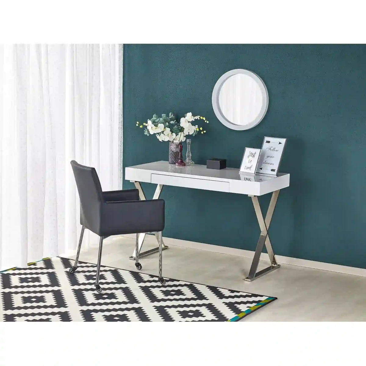 Birou B31, alb lucios/crom, 120x55x76 cm